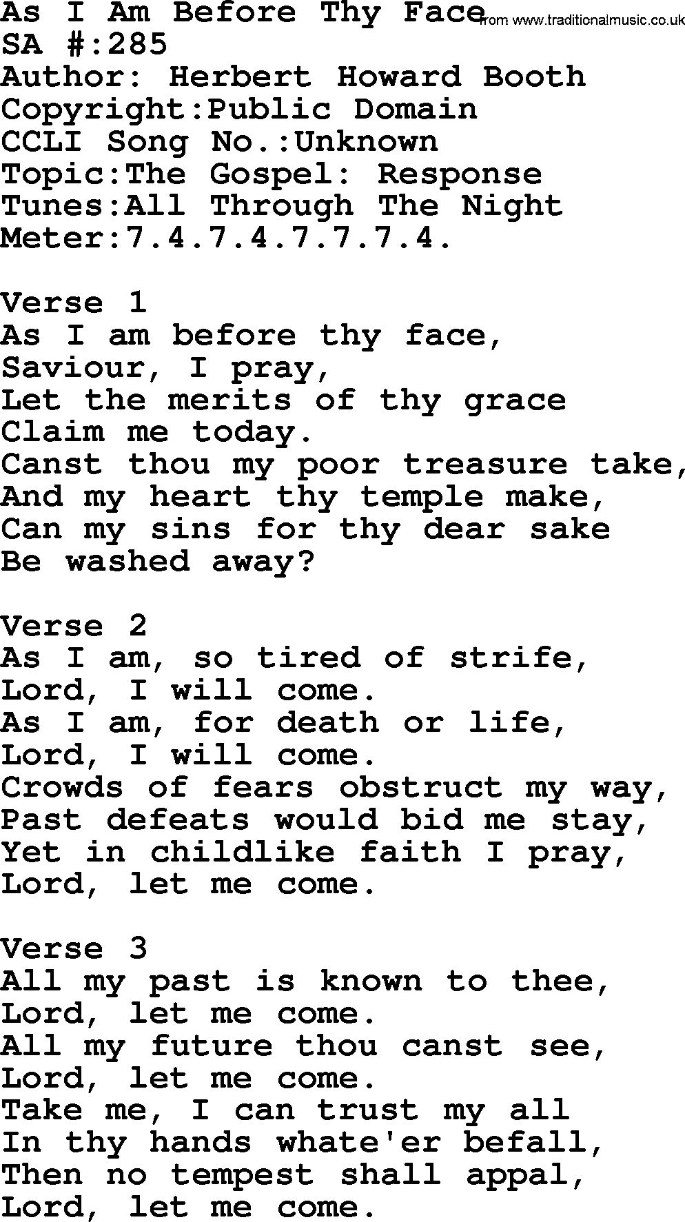 Salvation Army Hymnal, title: As I Am Before Thy Face, with lyrics and PDF,