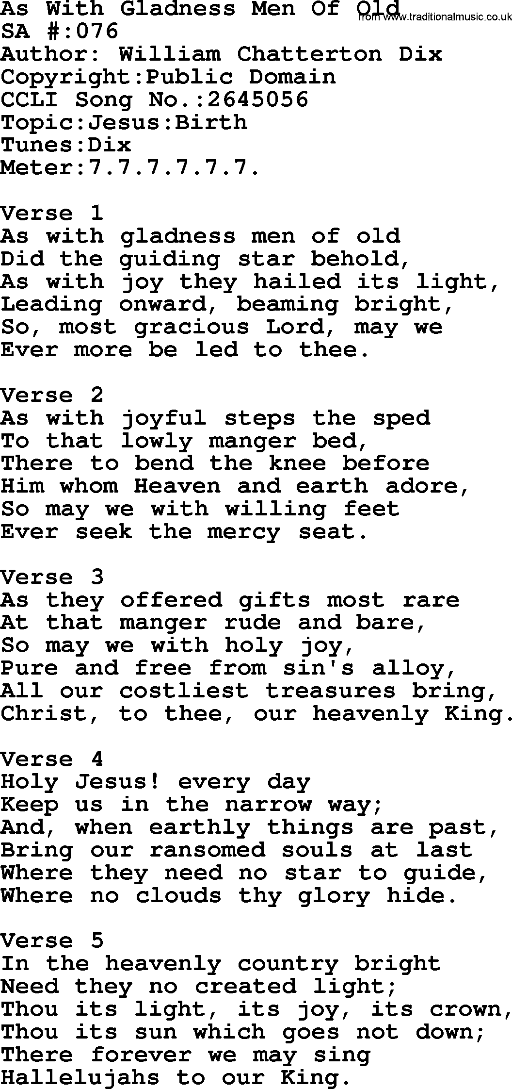 Salvation Army Hymnal, title: As With Gladness Men Of Old, with lyrics and PDF,