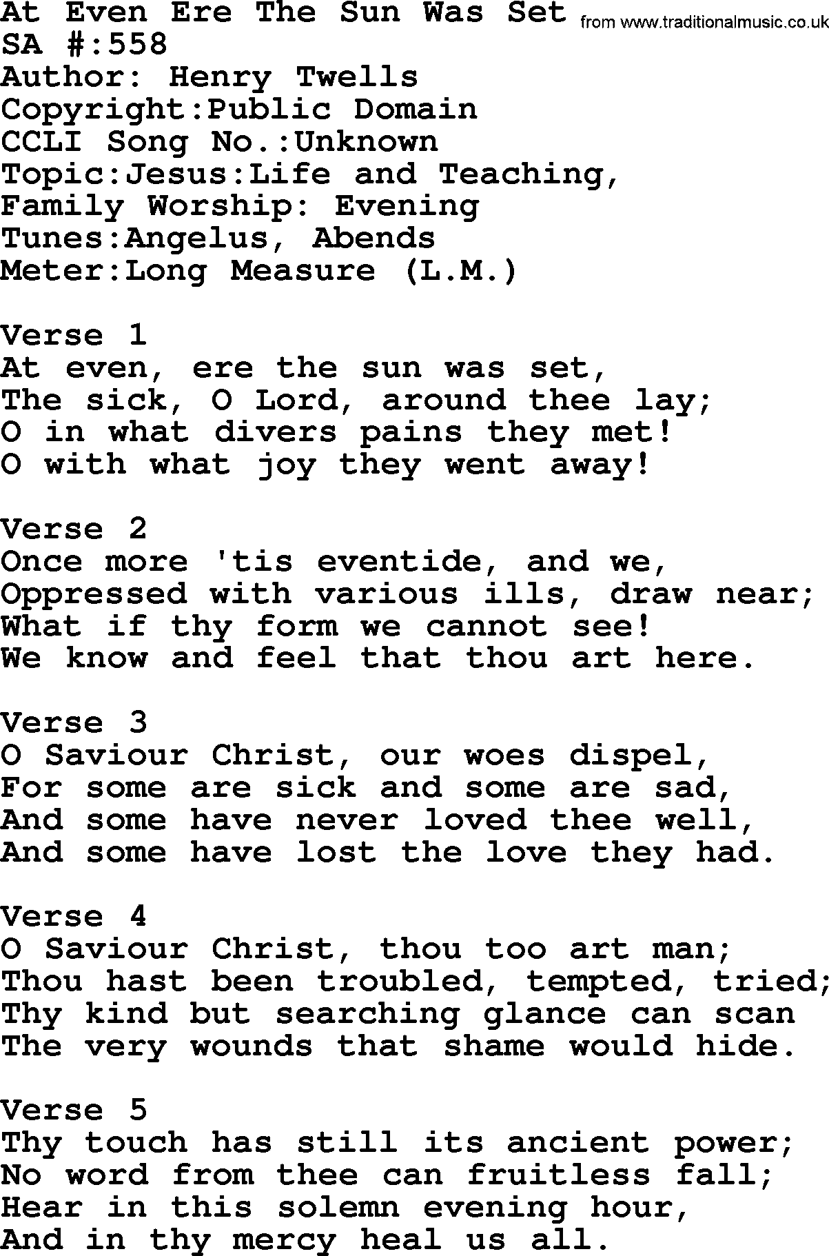 Salvation Army Hymnal, title: At Even Ere The Sun Was Set, with lyrics and PDF,