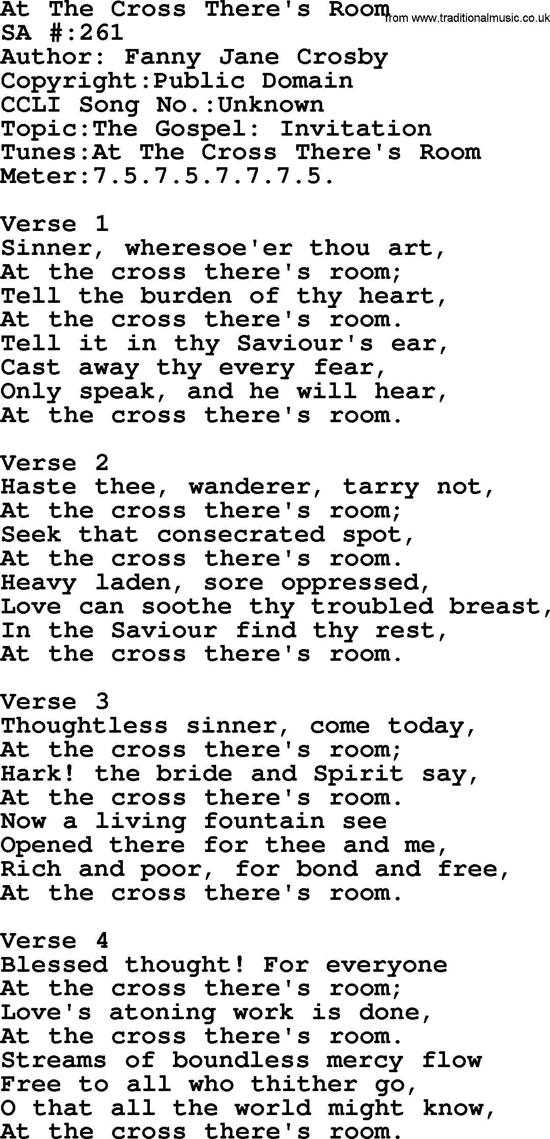 Salvation Army Hymnal, title: At The Cross There's Room, with lyrics and PDF,