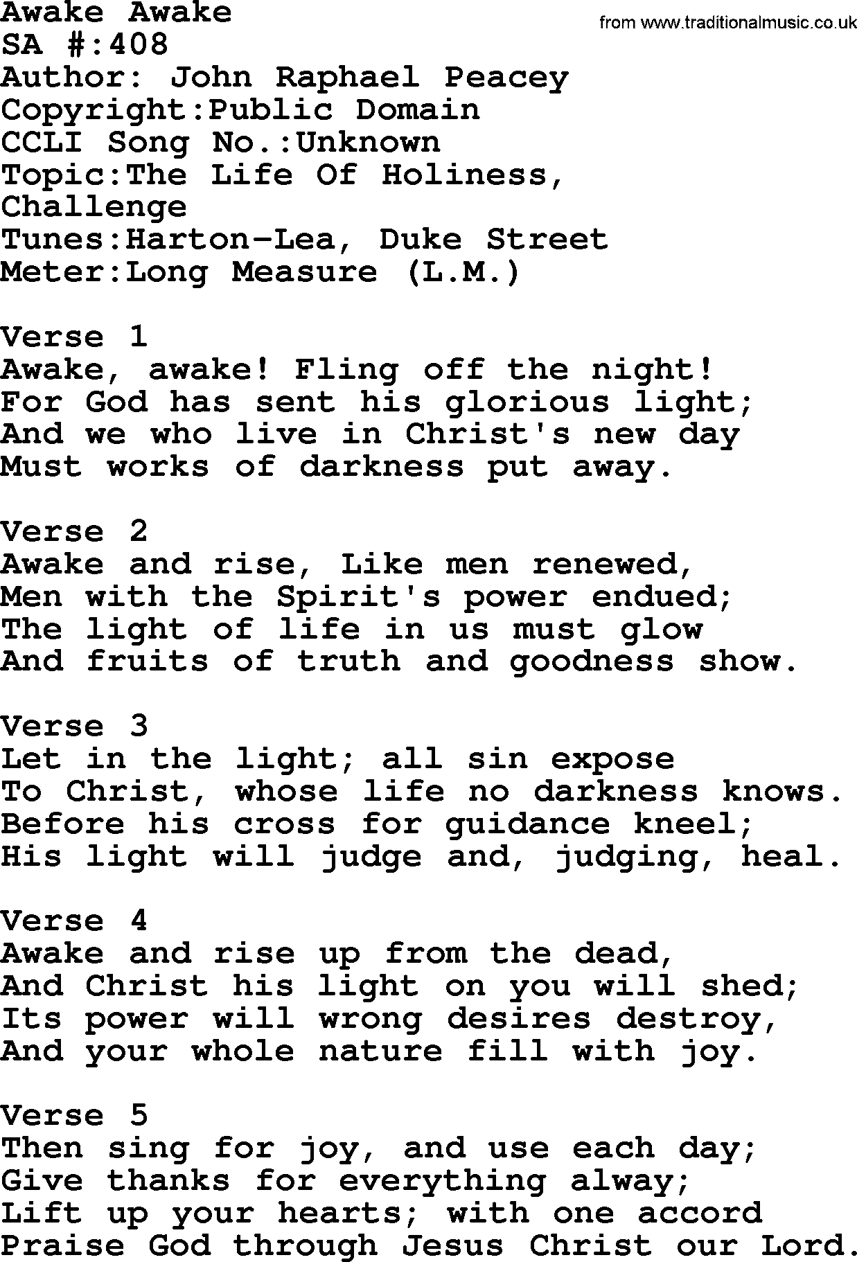 Salvation Army Hymnal, title: Awake Awake, with lyrics and PDF,