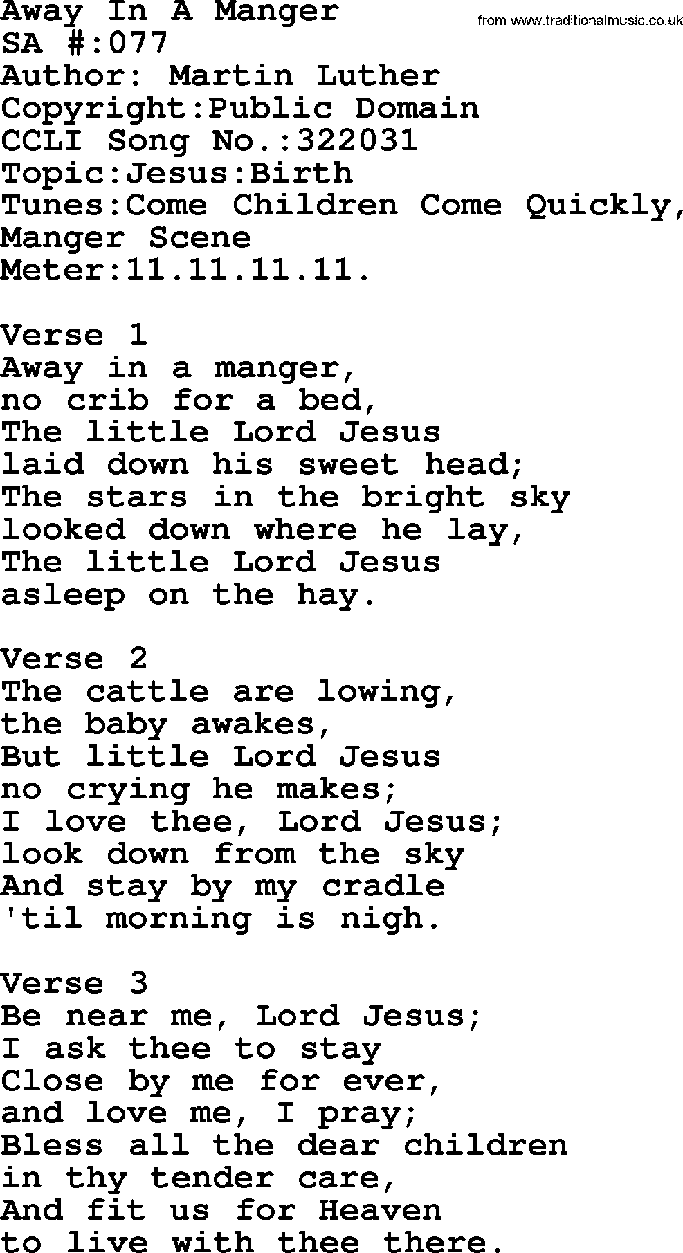 Salvation Army Hymnal, title: Away In A Manger, with lyrics and PDF,