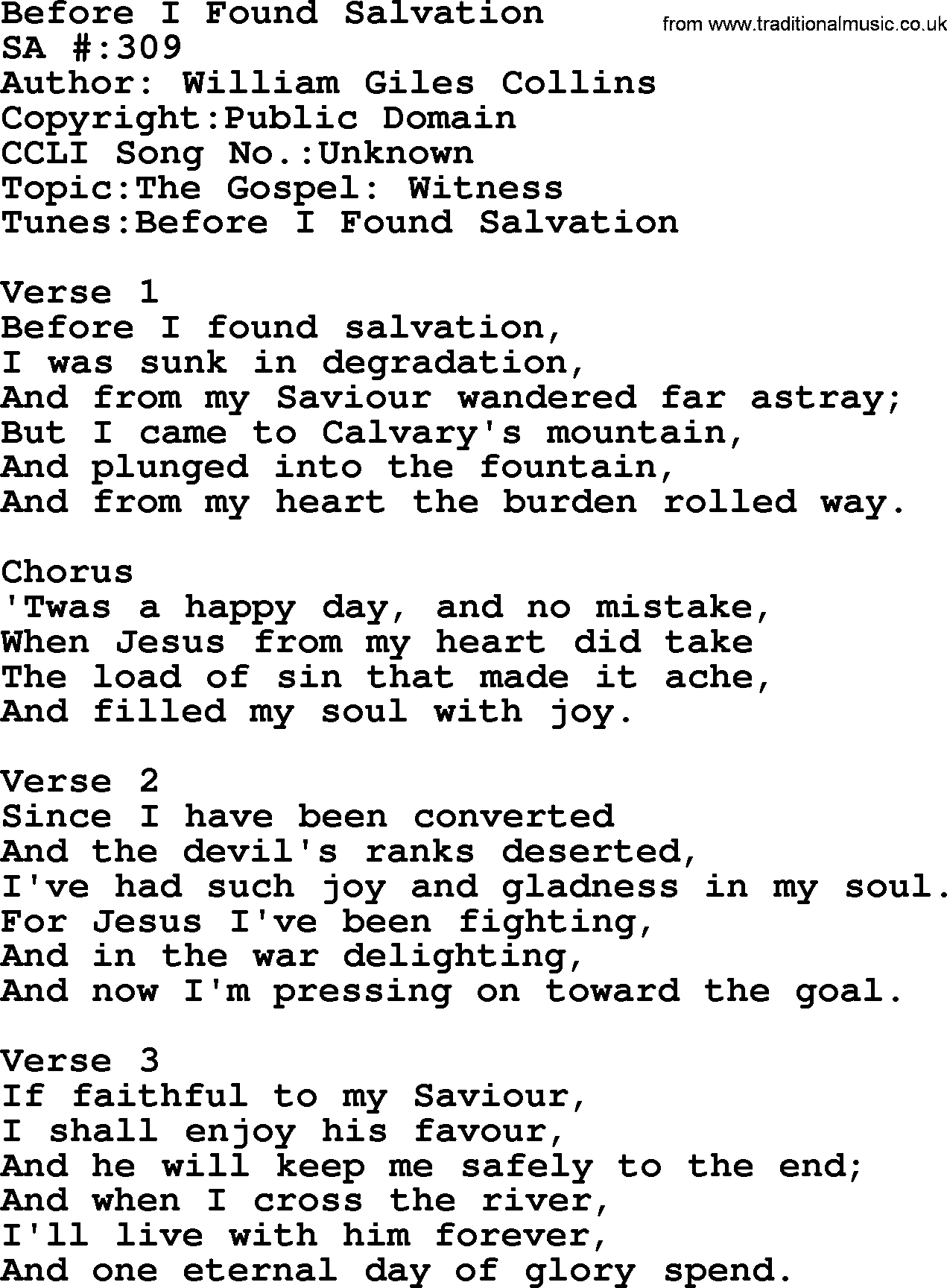 Salvation Army Hymnal, title: Before I Found Salvation, with lyrics and PDF,