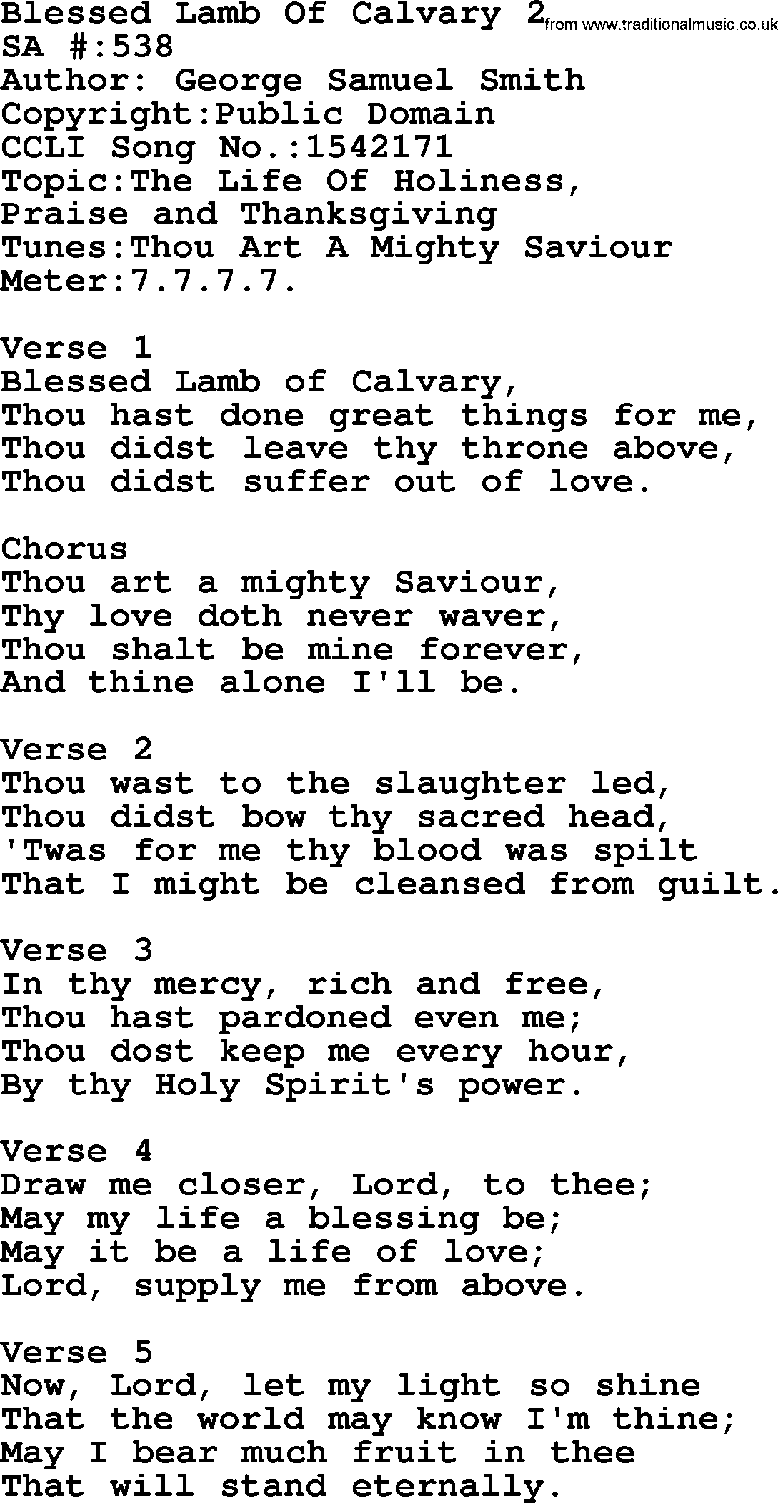 Salvation Army Hymnal, title: Blessed Lamb Of Calvary 2, with lyrics and PDF,