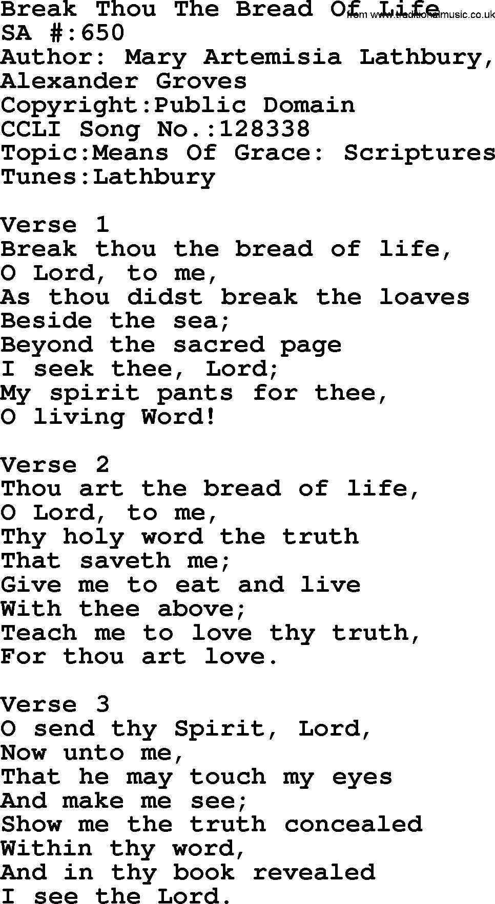 Salvation Army Hymnal, title: Break Thou The Bread Of Life, with lyrics and PDF,