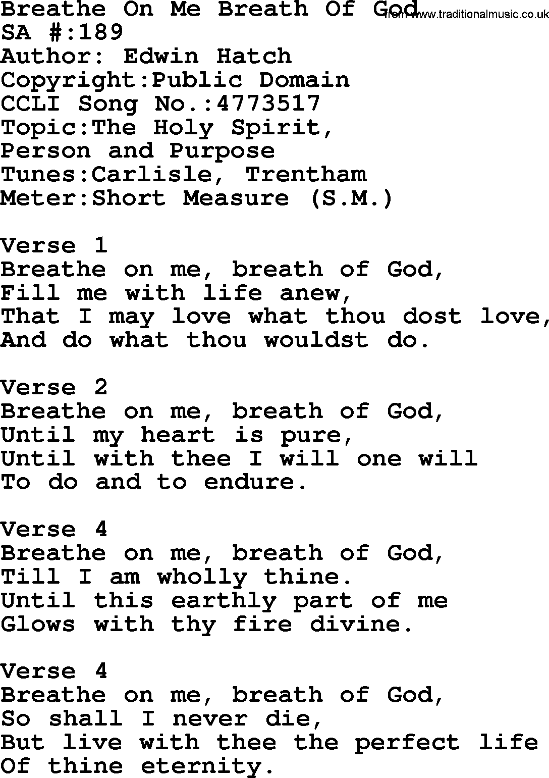 Salvation Army Hymnal, title: Breathe On Me Breath Of God, with lyrics and PDF,