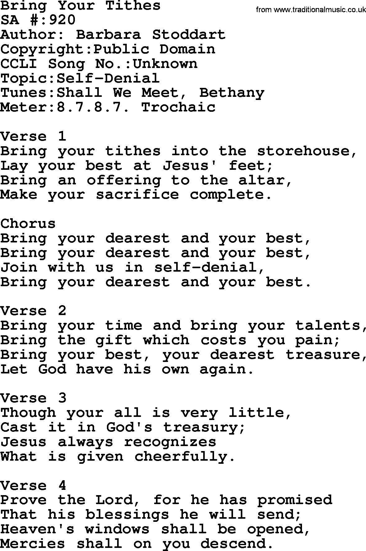 Salvation Army Hymnal, title: Bring Your Tithes, with lyrics and PDF,