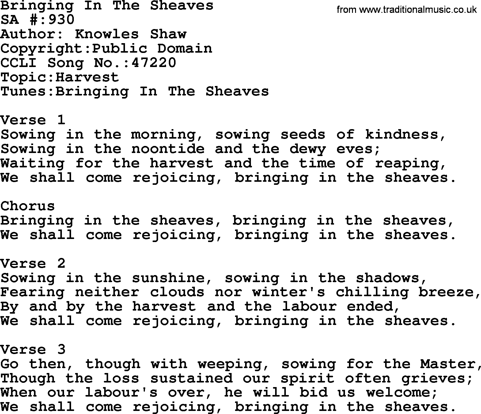 Salvation Army Hymnal, title: Bringing In The Sheaves, with lyrics and PDF,