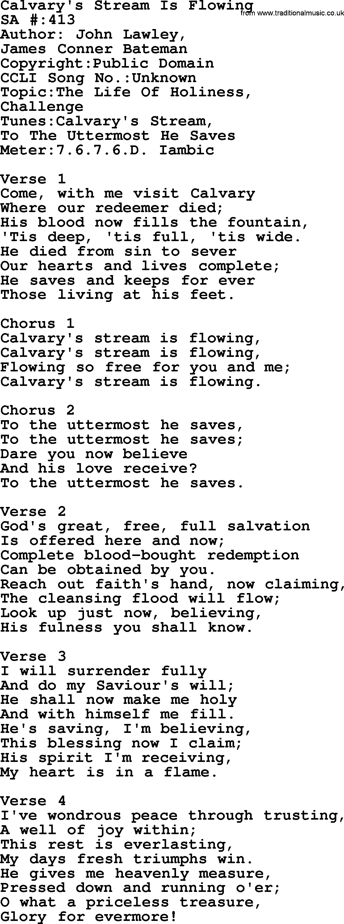 Salvation Army Hymnal, title: Calvary's Stream Is Flowing, with lyrics and PDF,