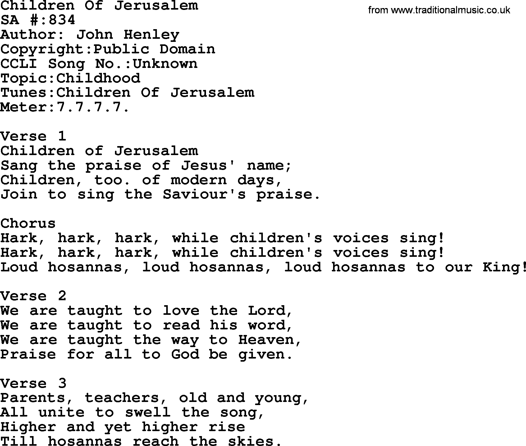 Salvation Army Hymnal, title: Children Of Jerusalem, with lyrics and PDF,