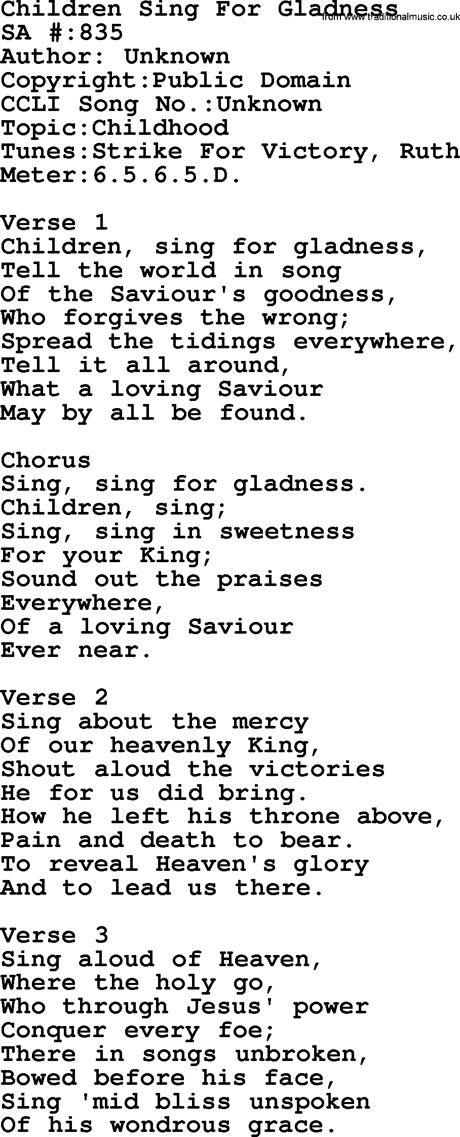 Salvation Army Hymnal, title: Children Sing For Gladness, with lyrics and PDF,