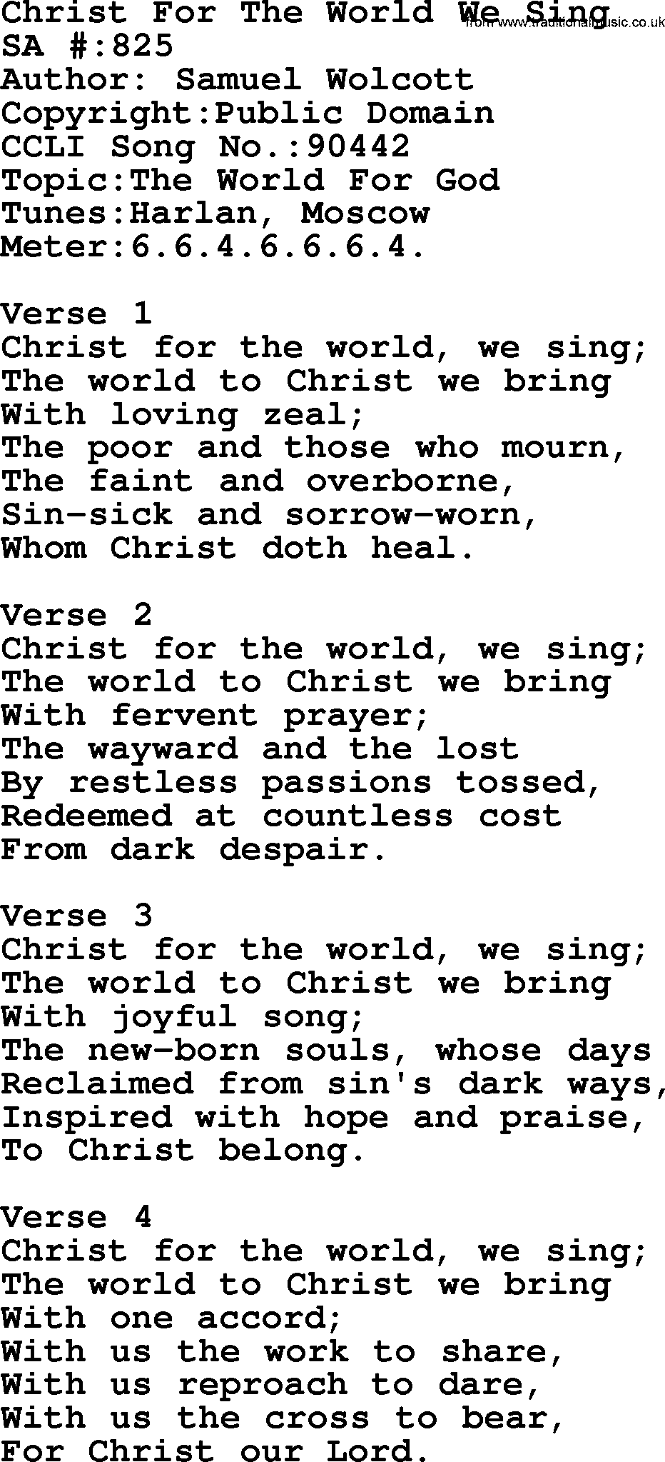Salvation Army Hymnal, title: Christ For The World We Sing, with lyrics and PDF,