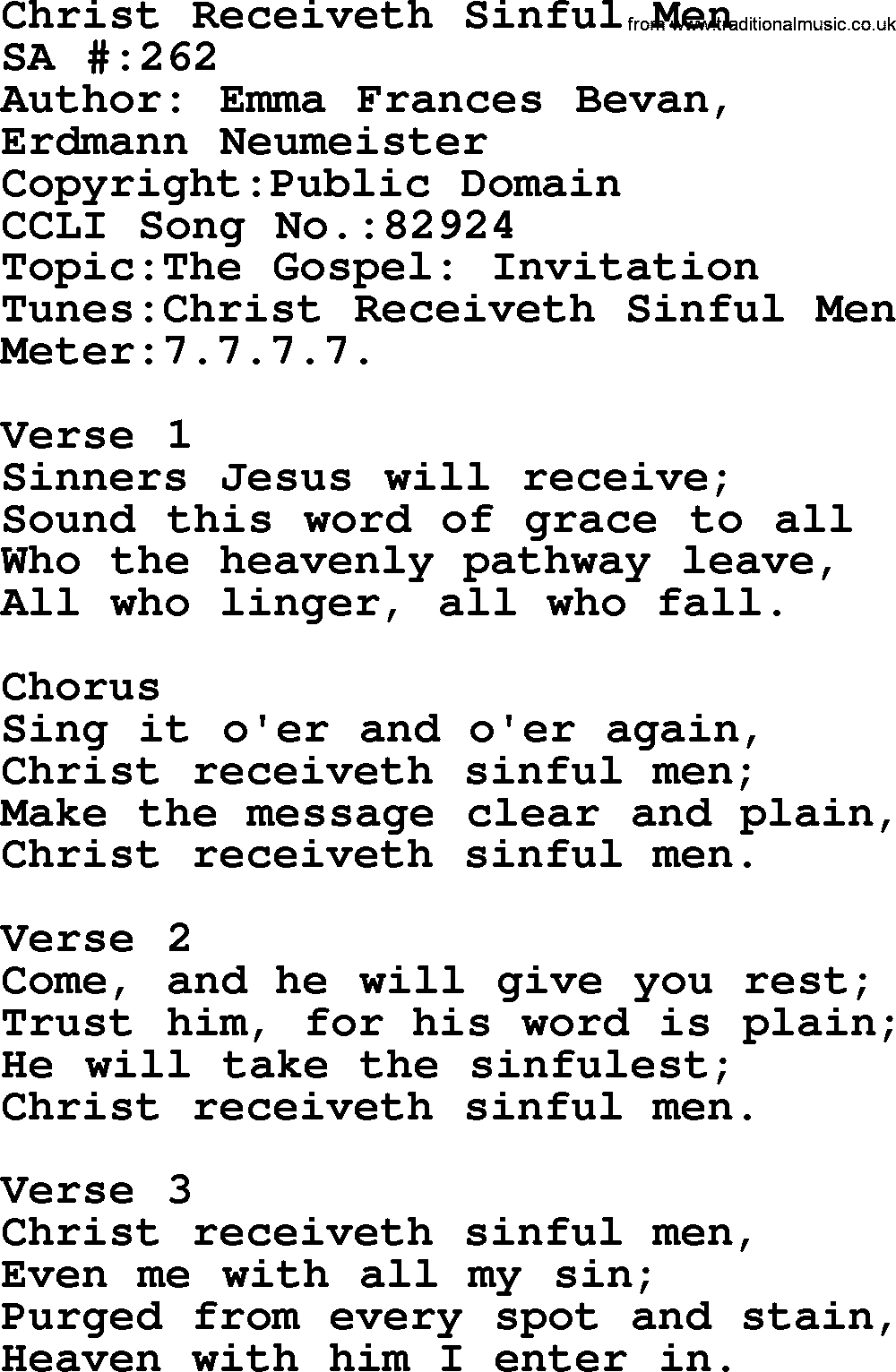 Salvation Army Hymnal, title: Christ Receiveth Sinful Men, with lyrics and PDF,