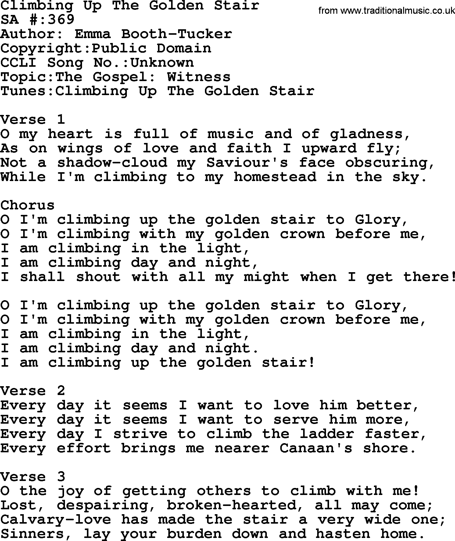 Salvation Army Hymnal, title: Climbing Up The Golden Stair, with lyrics and PDF,