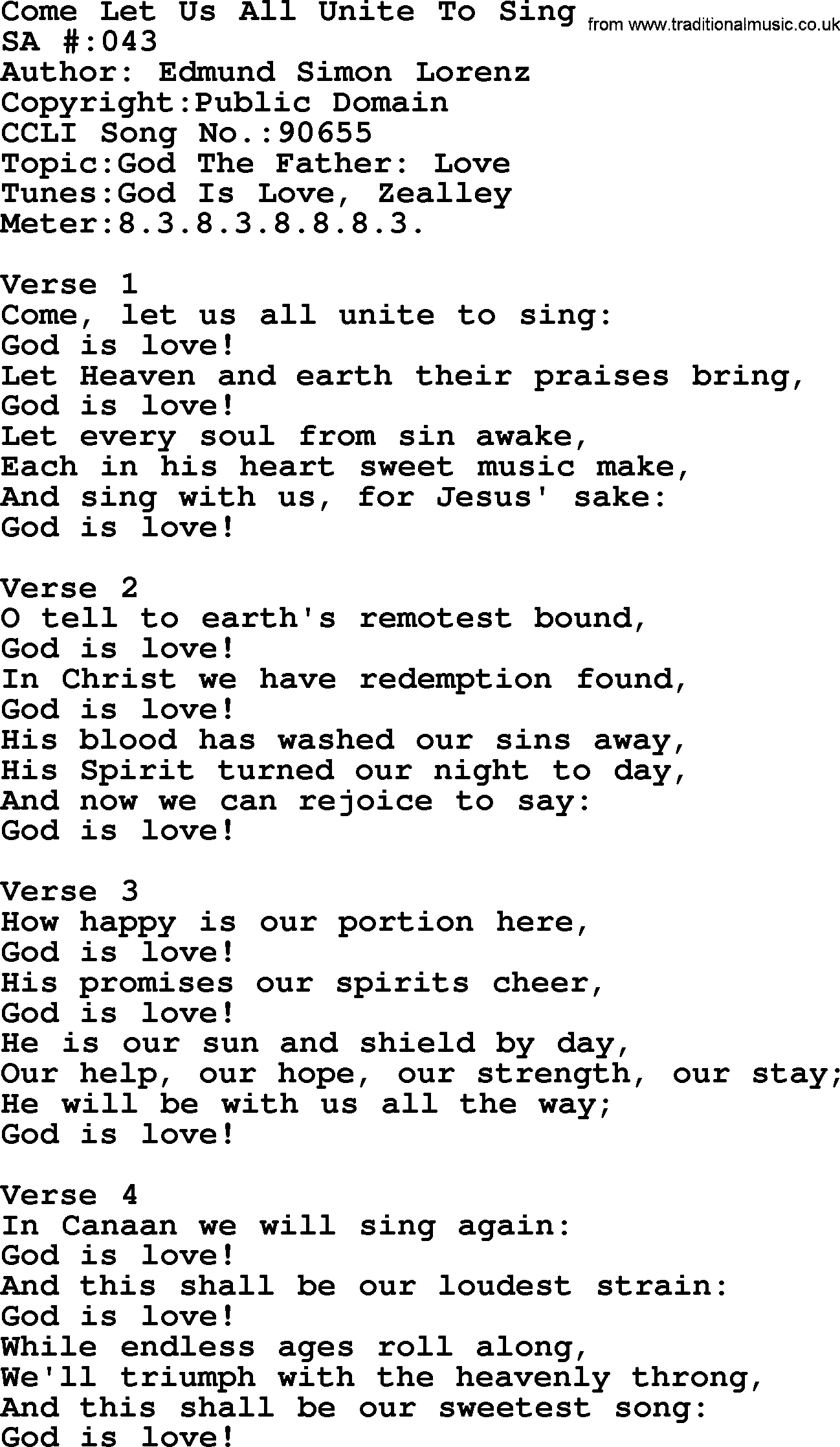 Salvation Army Hymnal, title: Come Let Us All Unite To Sing, with lyrics and PDF,