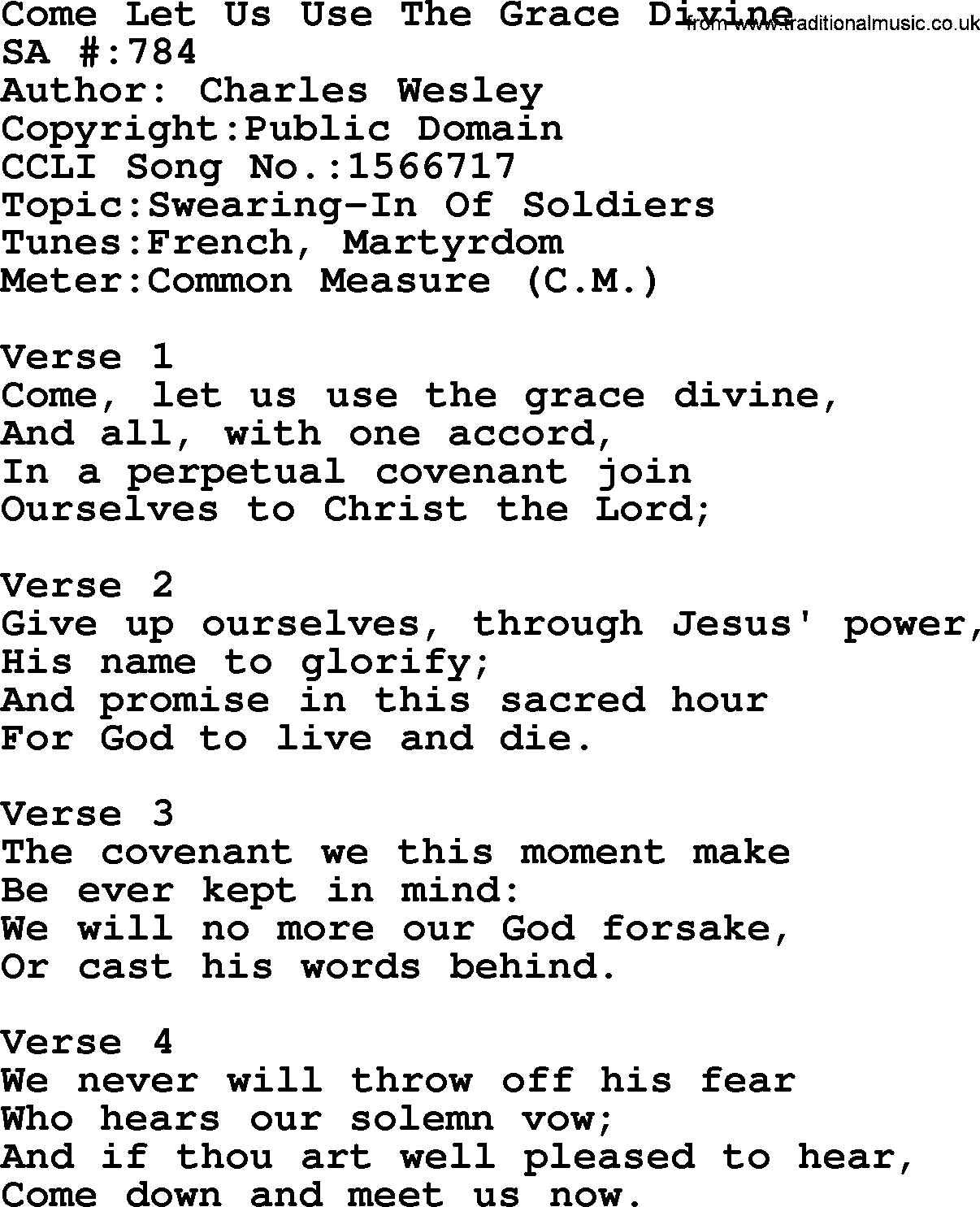 Salvation Army Hymnal, title: Come Let Us Use The Grace Divine, with lyrics and PDF,