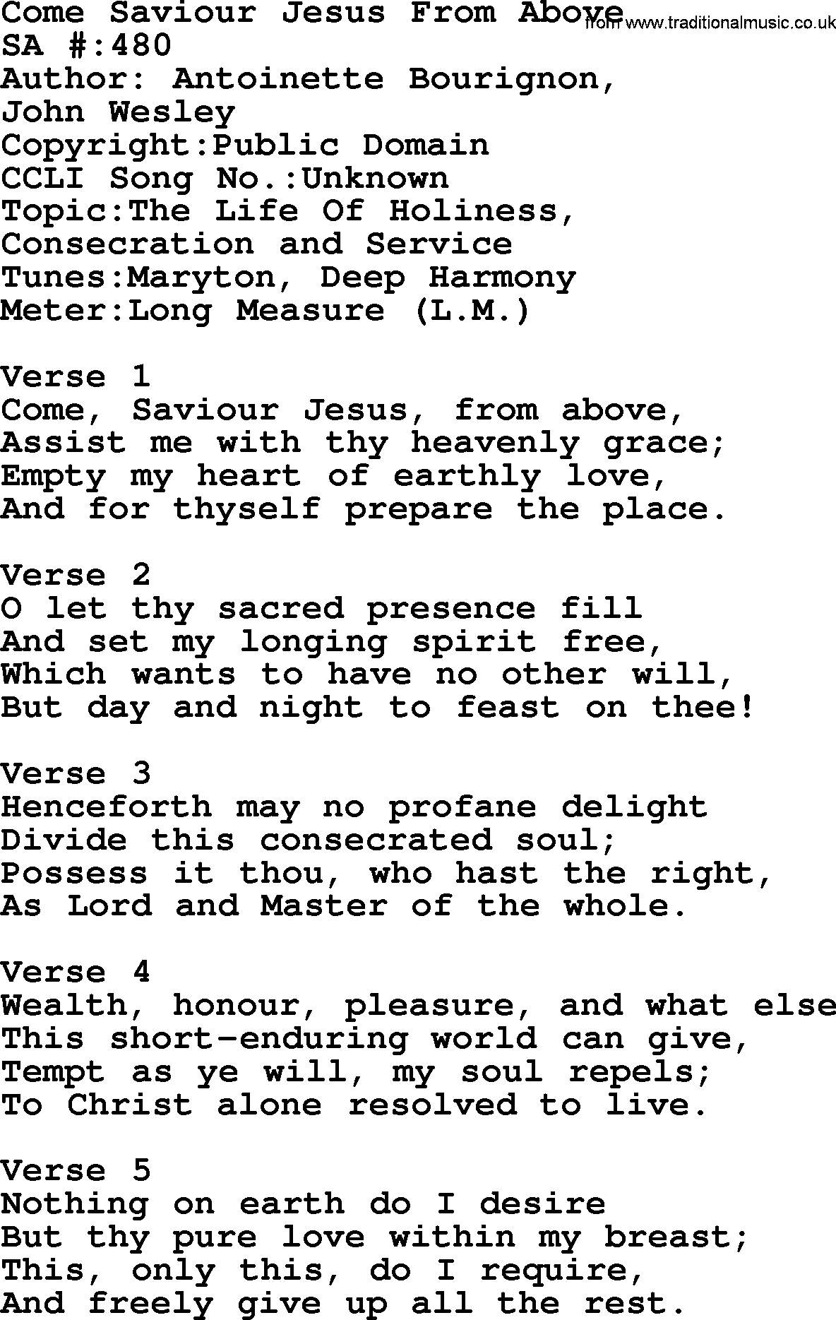 Salvation Army Hymnal, title: Come Saviour Jesus From Above, with lyrics and PDF,