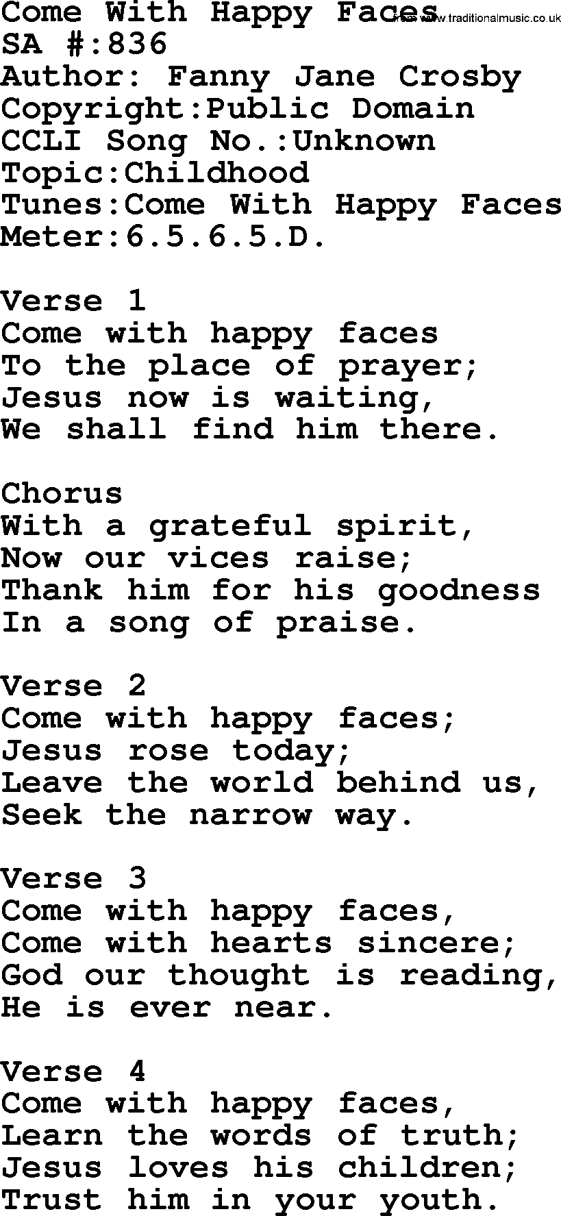 Salvation Army Hymnal, title: Come With Happy Faces, with lyrics and PDF,