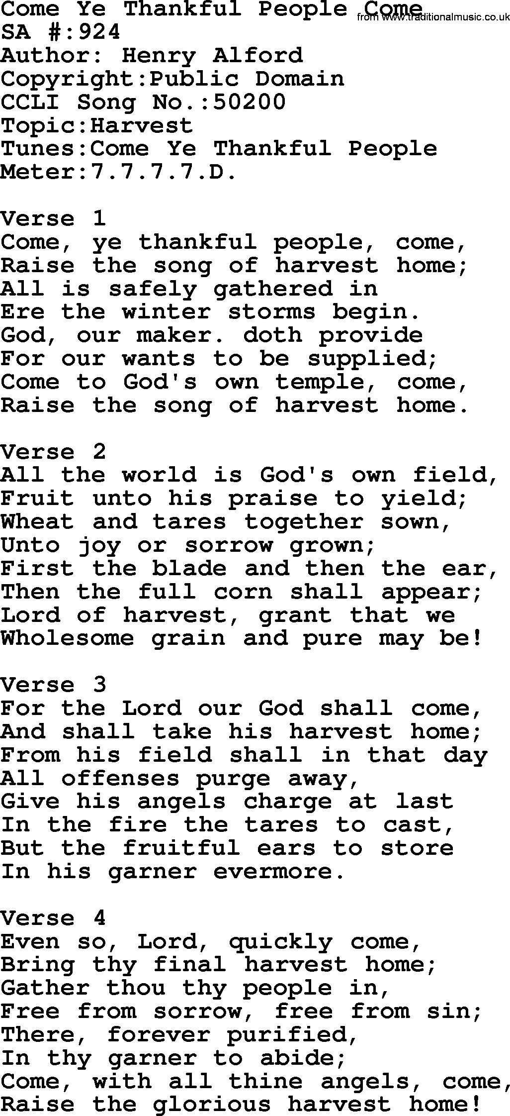 Salvation Army Hymnal, title: Come Ye Thankful People Come, with lyrics and PDF,