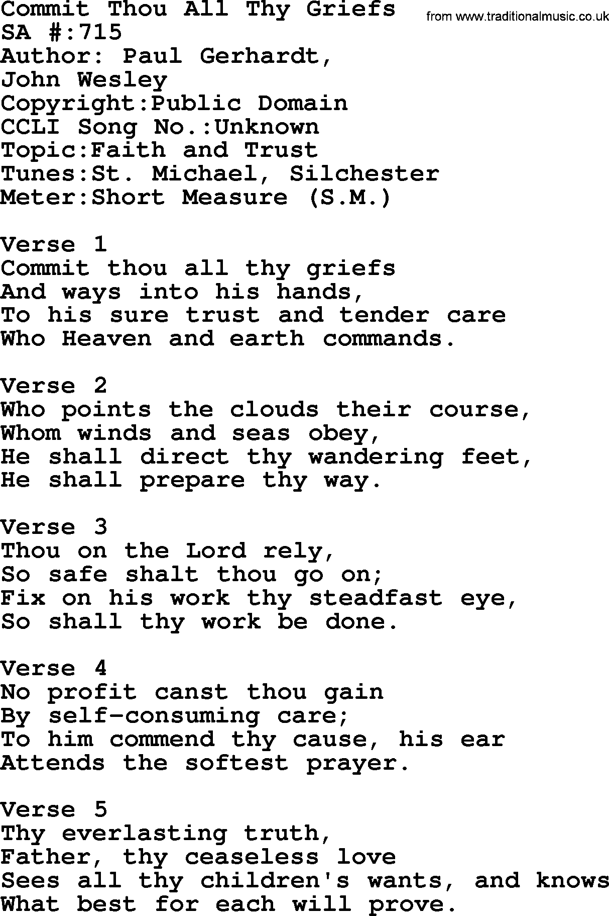 Salvation Army Hymnal, title: Commit Thou All Thy Griefs, with lyrics and PDF,