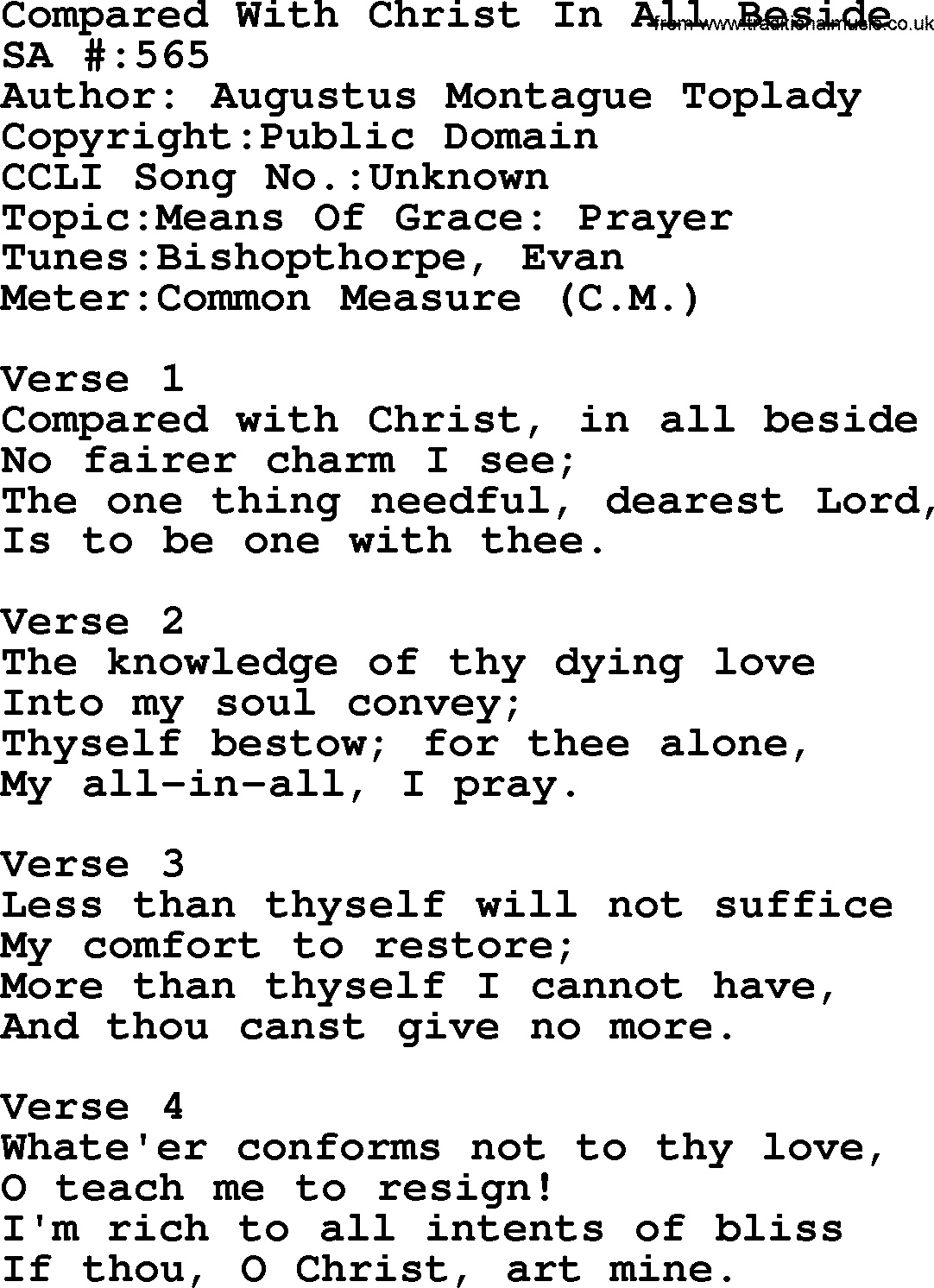 Salvation Army Hymnal, title: Compared With Christ In All Beside, with lyrics and PDF,