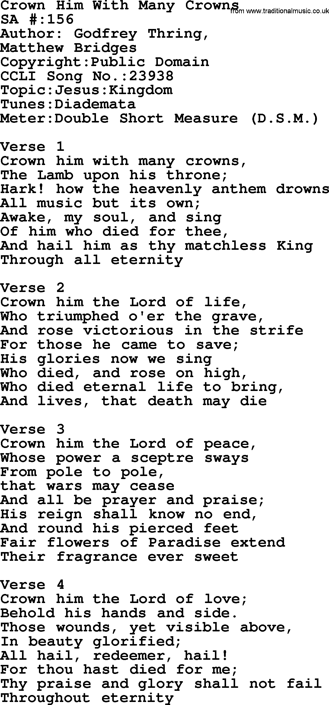 Salvation Army Hymnal, title: Crown Him With Many Crowns, with lyrics and PDF,