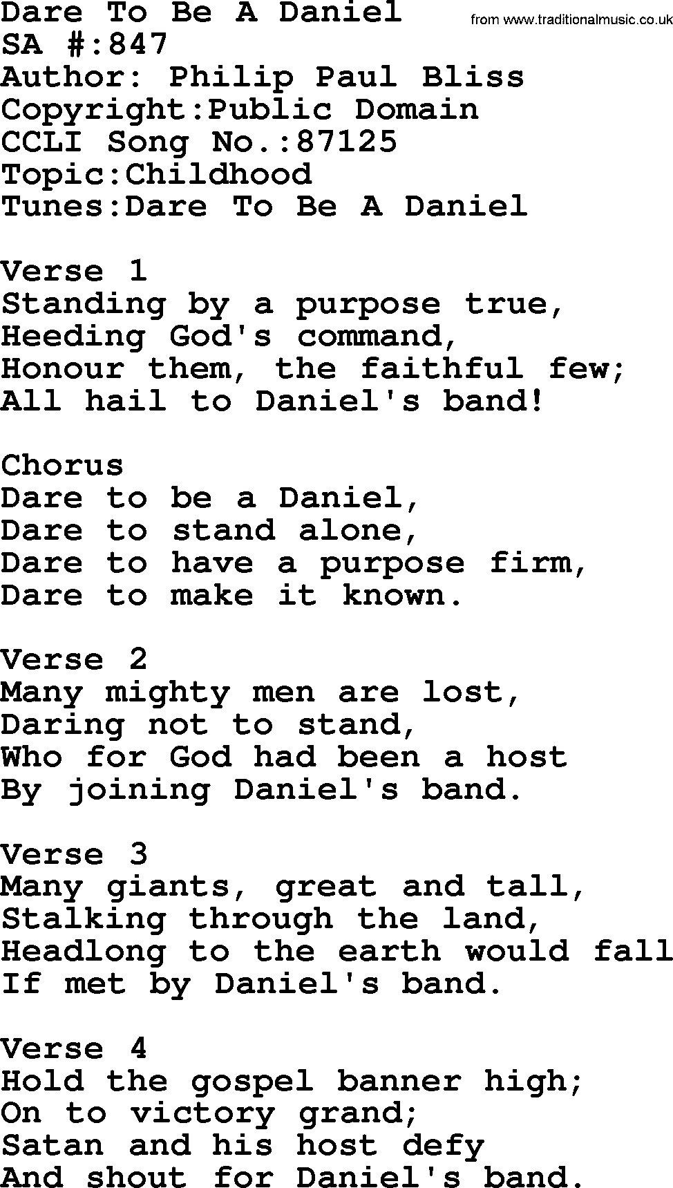Salvation Army Hymnal, title: Dare To Be A Daniel, with lyrics and PDF,