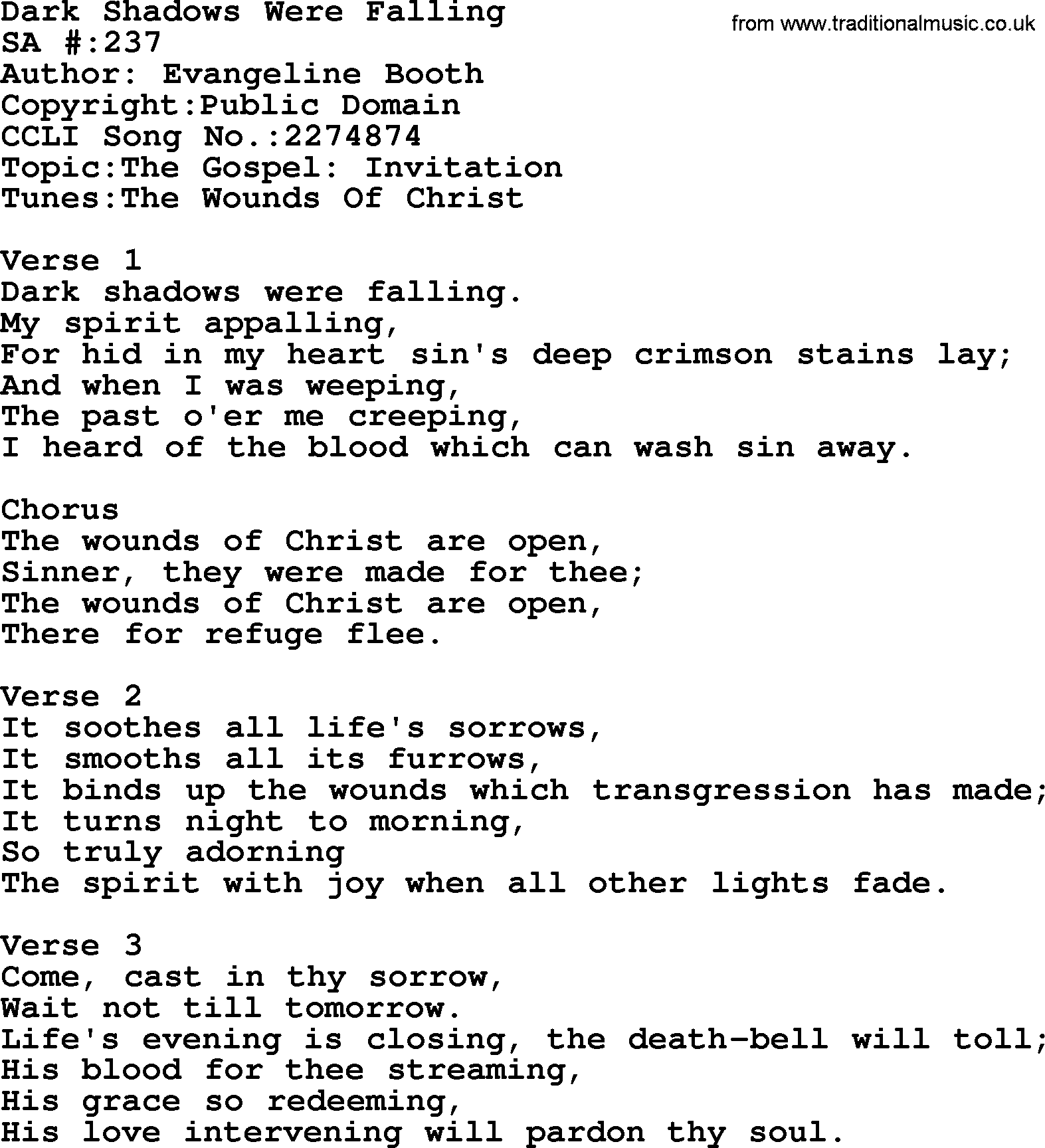Salvation Army Hymnal, title: Dark Shadows Were Falling, with lyrics and PDF,
