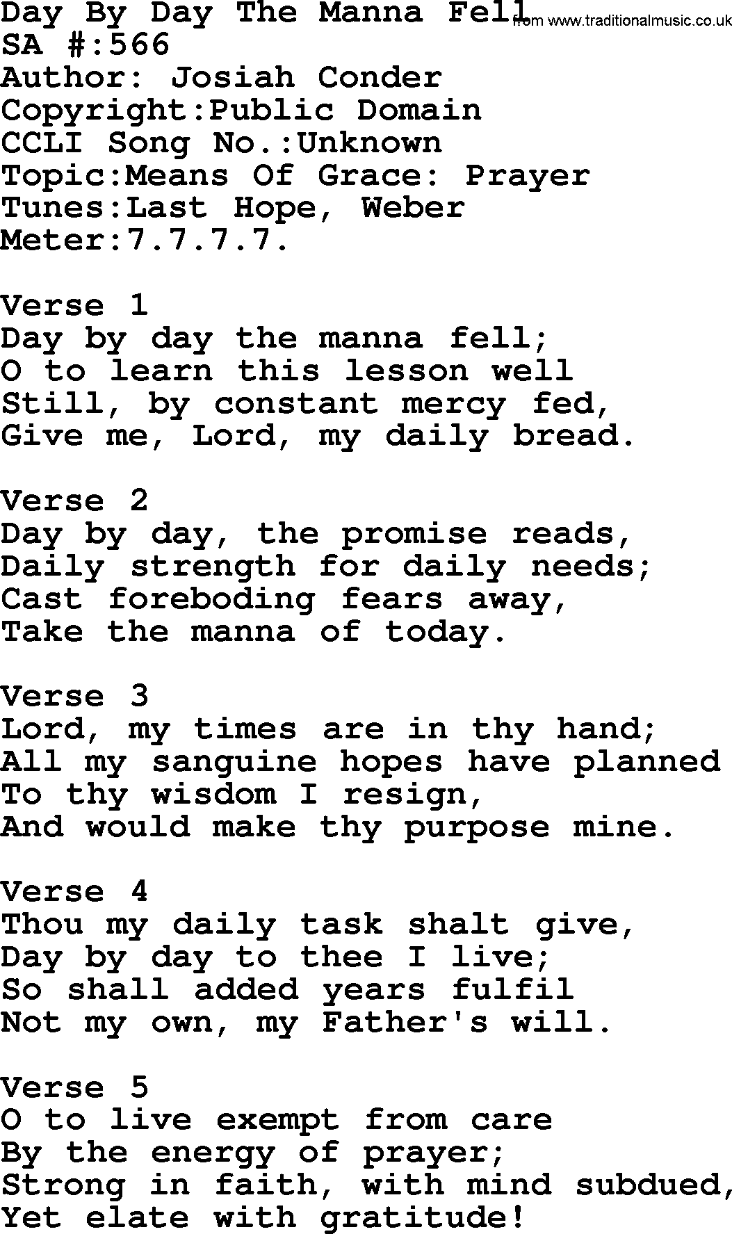 Salvation Army Hymnal, title: Day By Day The Manna Fell, with lyrics and PDF,