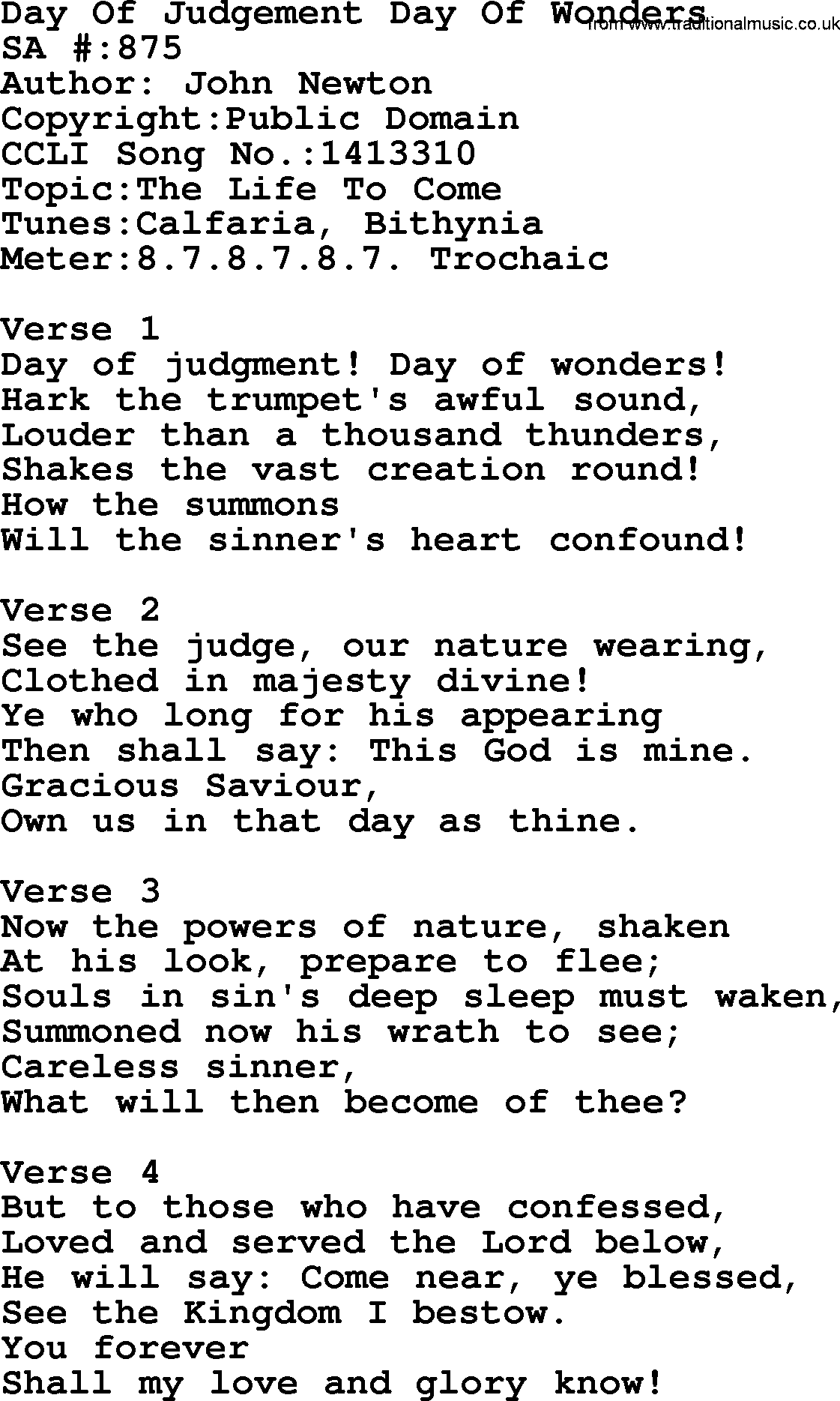 Salvation Army Hymnal, title: Day Of Judgement Day Of Wonders, with lyrics and PDF,