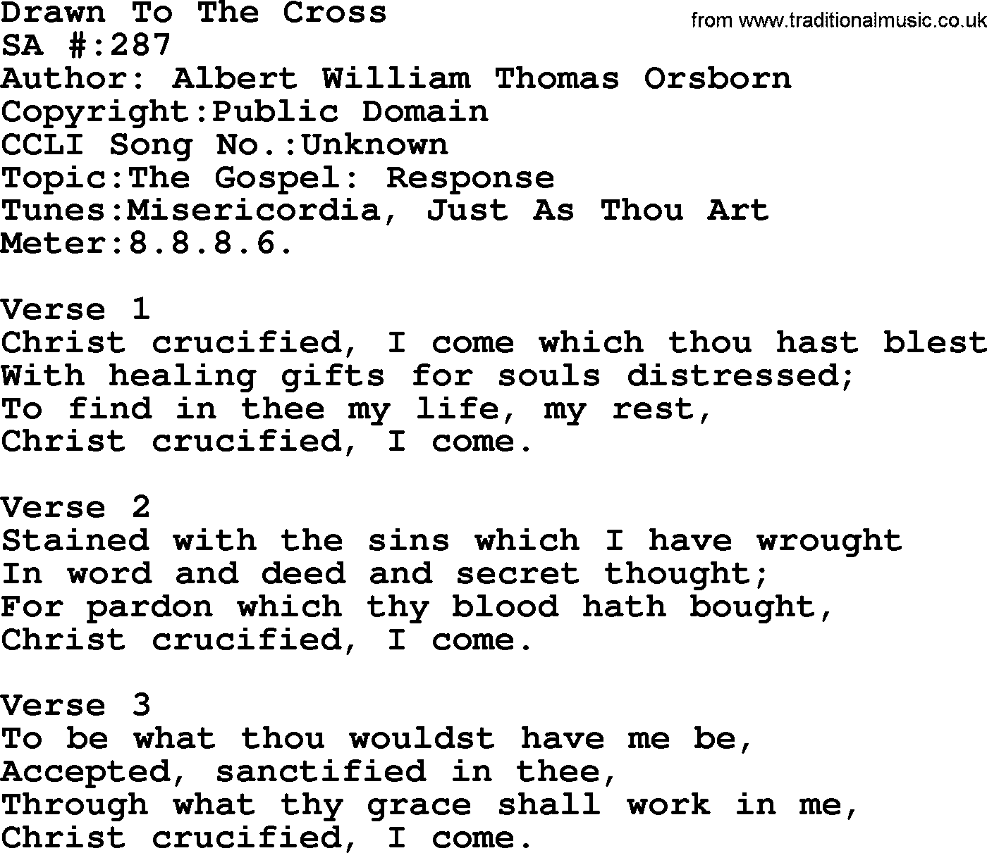 Salvation Army Hymnal, title: Drawn To The Cross, with lyrics and PDF,