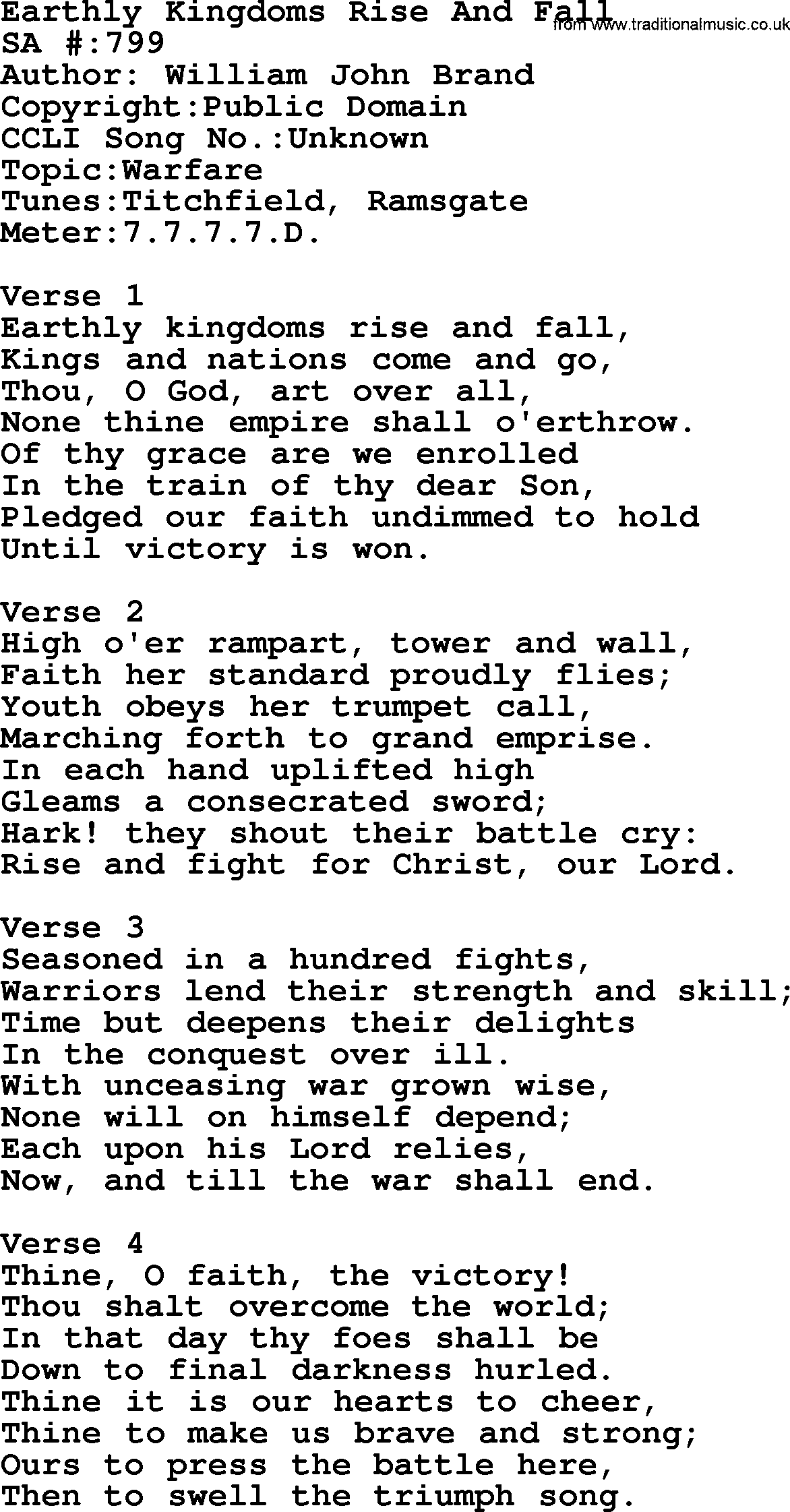 Salvation Army Hymnal, title: Earthly Kingdoms Rise And Fall, with lyrics and PDF,