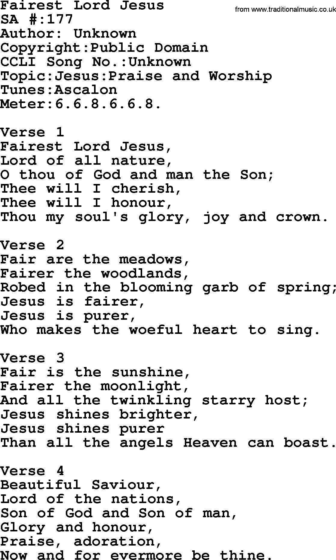 Salvation Army Hymnal, title: Fairest Lord Jesus, with lyrics and PDF,