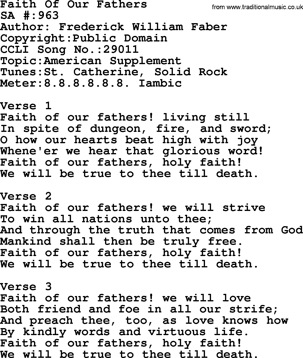 Salvation Army Hymnal, title: Faith Of Our Fathers, with lyrics and PDF,