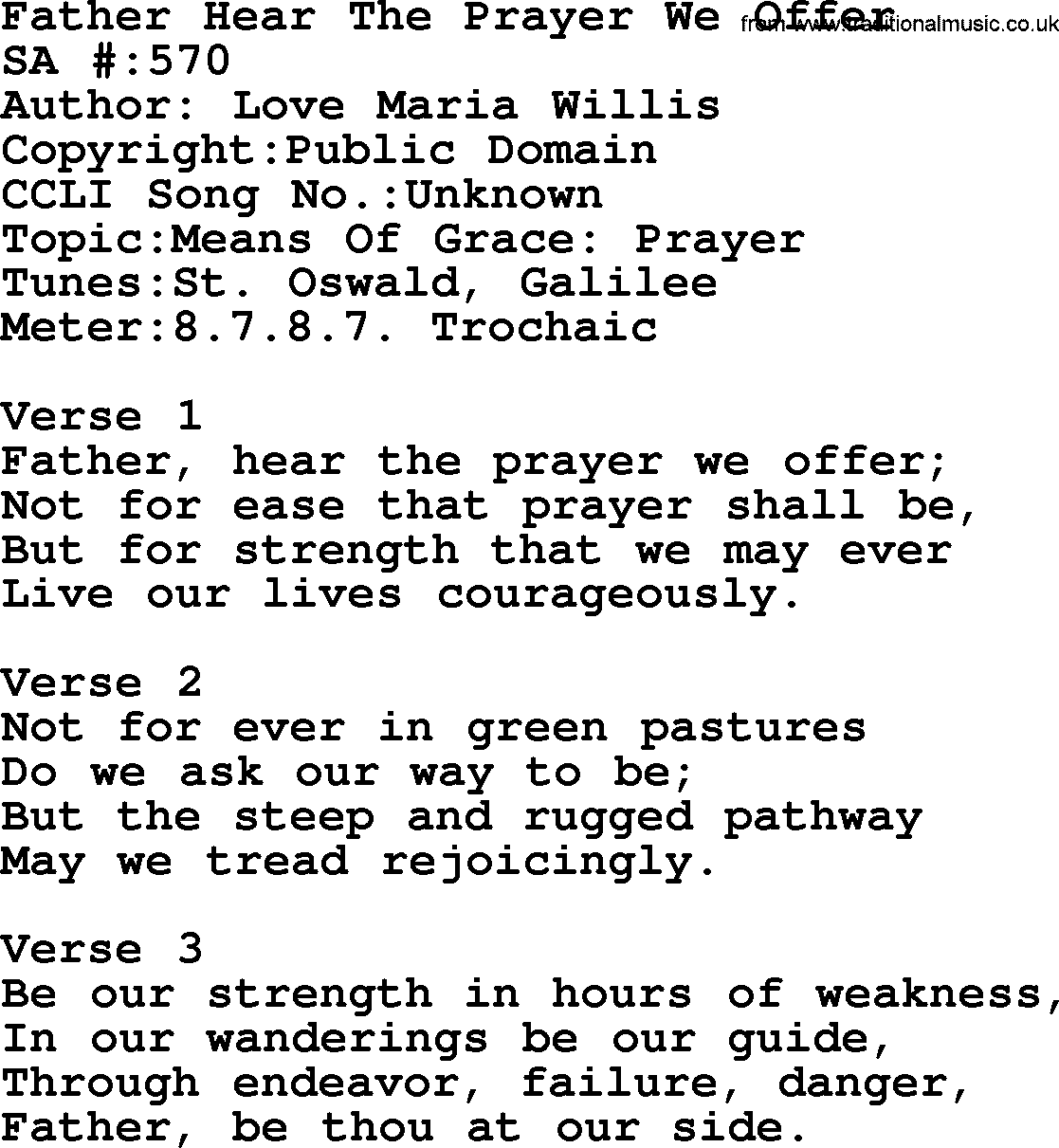 Salvation Army Hymnal, title: Father Hear The Prayer We Offer, with lyrics and PDF,