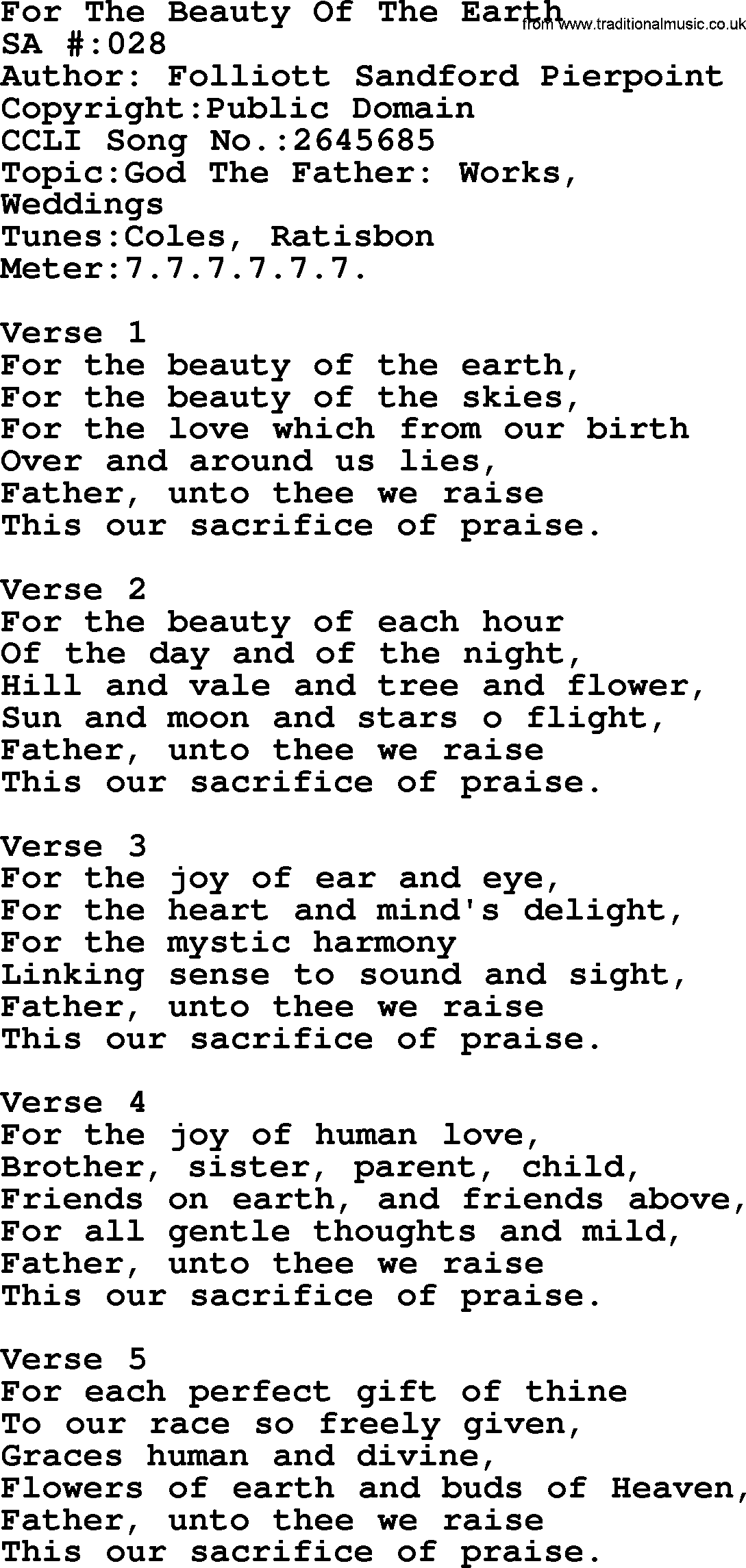 Salvation Army Hymnal, title: For The Beauty Of The Earth, with lyrics and PDF,