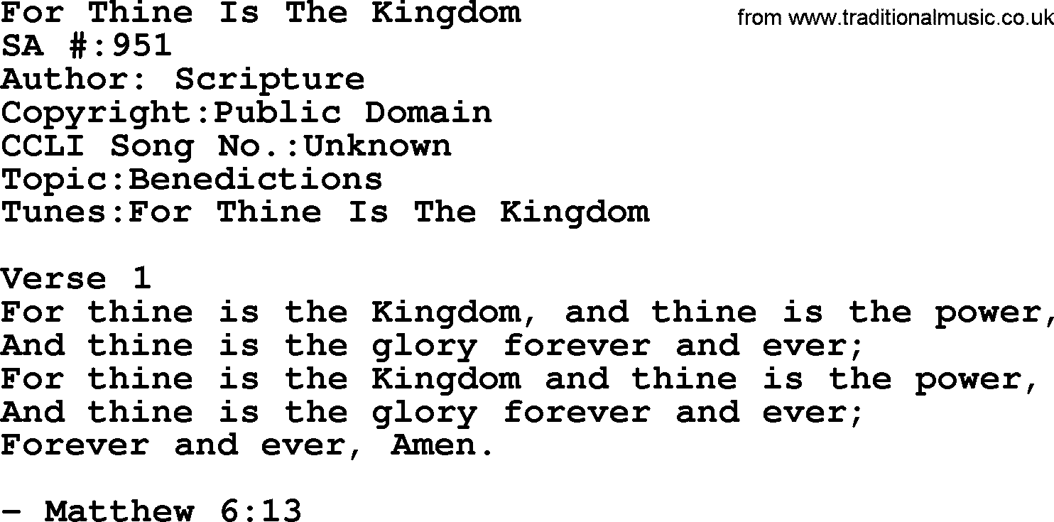 Salvation Army Hymnal, title: For Thine Is The Kingdom, with lyrics and PDF,