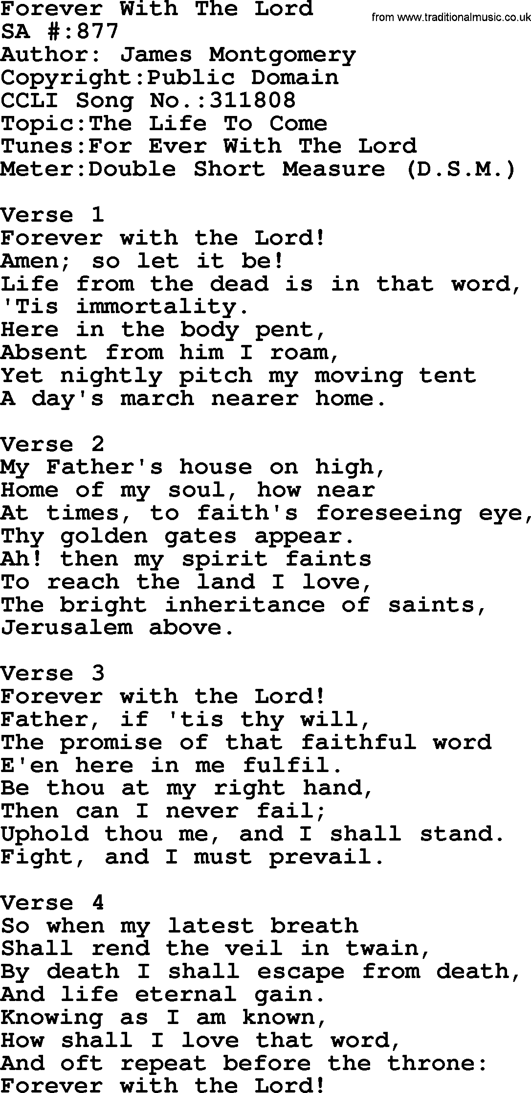 Salvation Army Hymnal, title: Forever With The Lord, with lyrics and PDF,