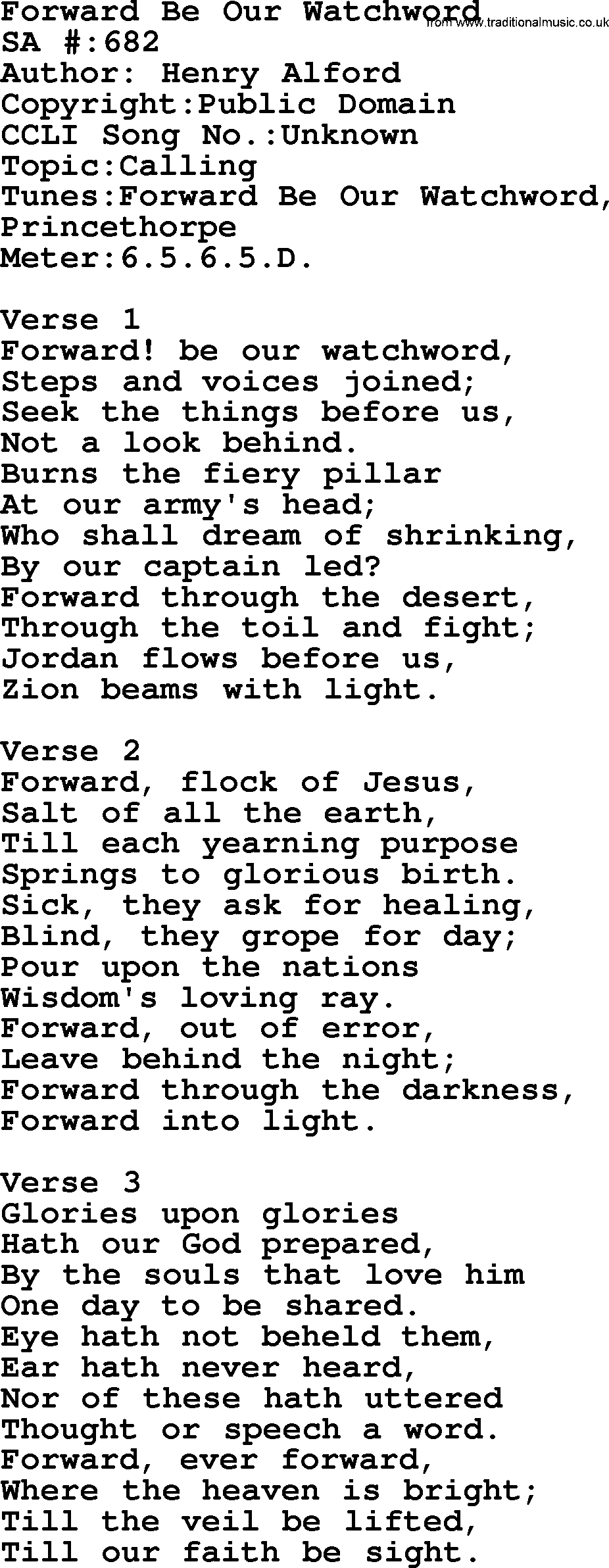 Salvation Army Hymnal, title: Forward Be Our Watchword, with lyrics and PDF,
