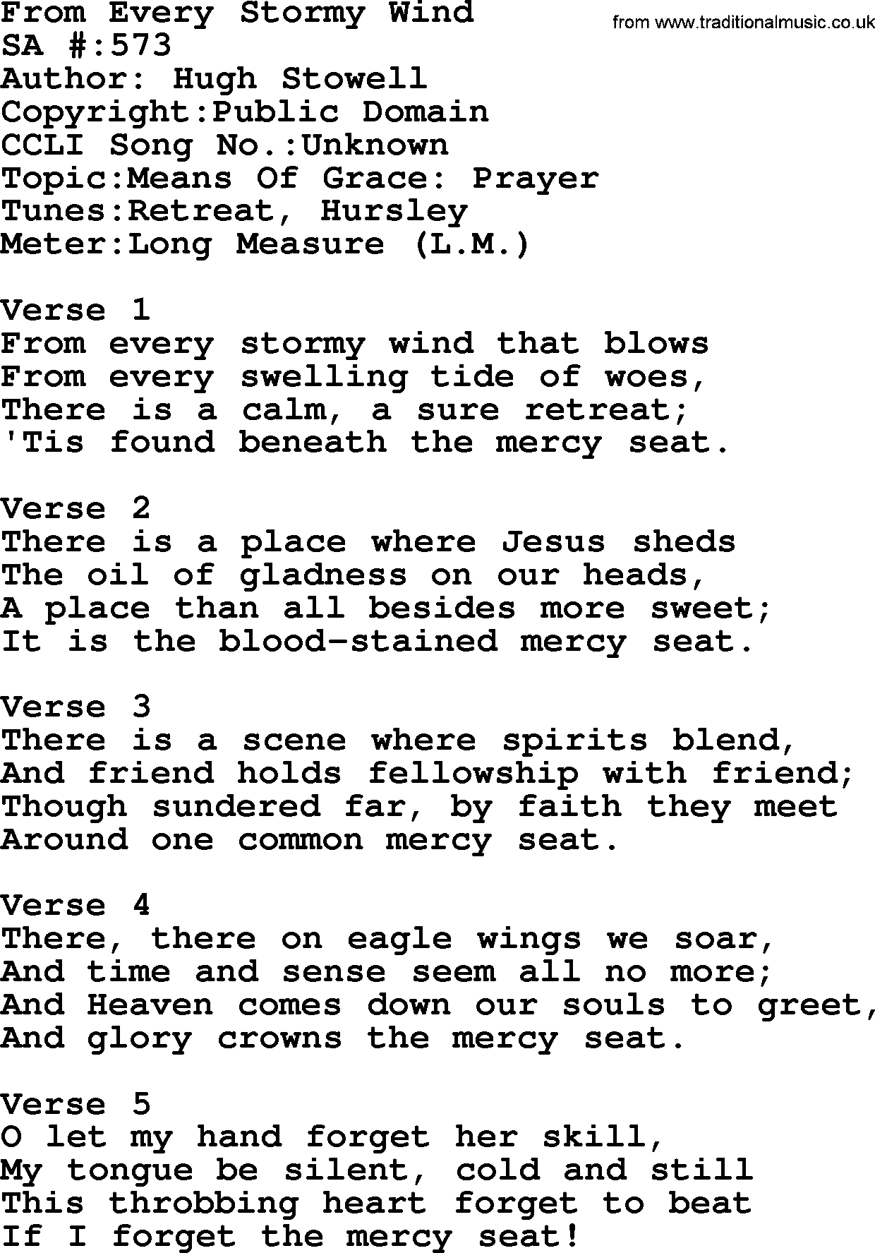 Salvation Army Hymnal, title: From Every Stormy Wind, with lyrics and PDF,