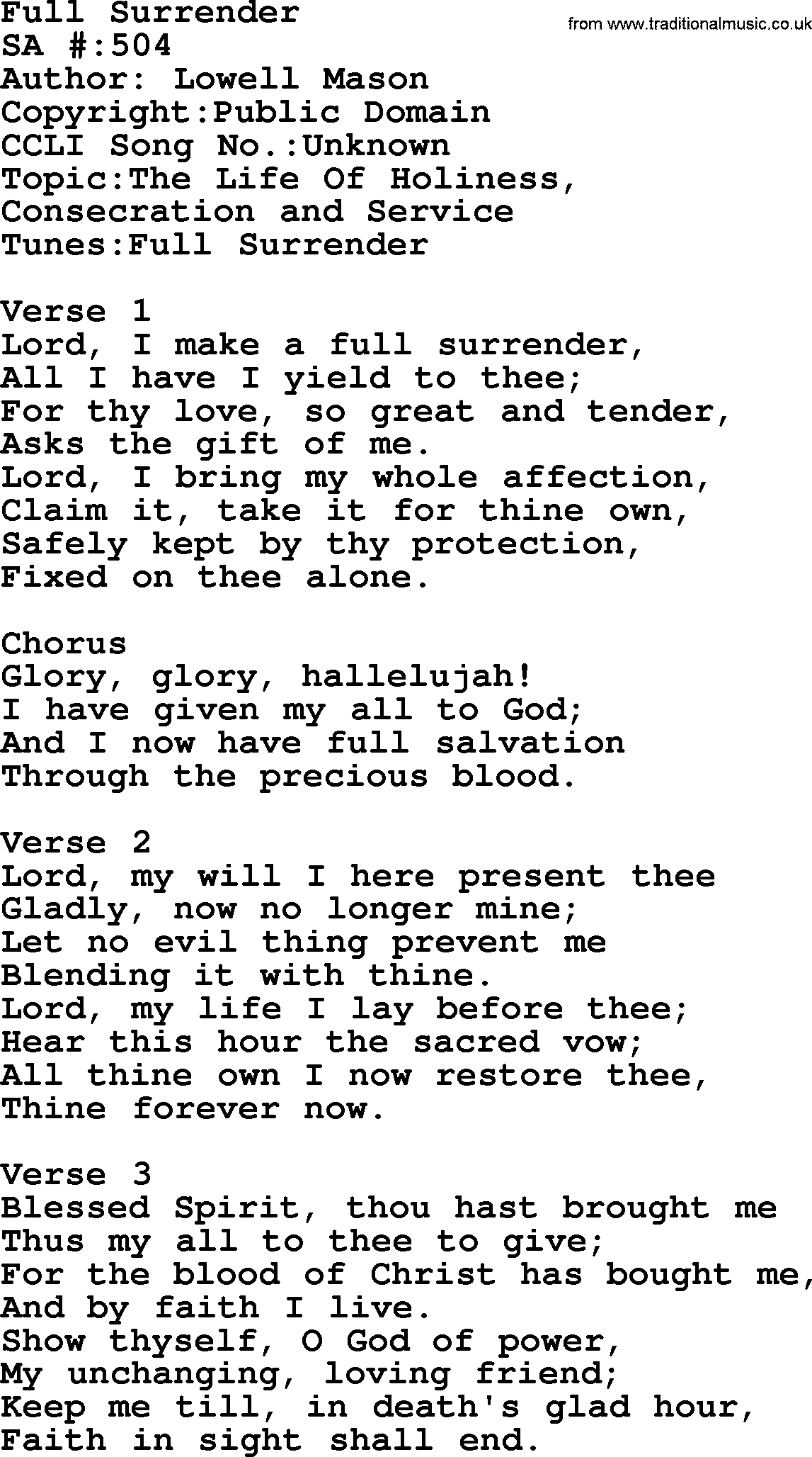 Salvation Army Hymnal, title: Full Surrender, with lyrics and PDF,