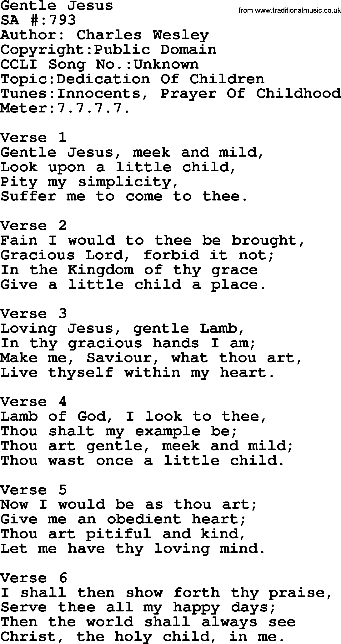 Salvation Army Hymnal, title: Gentle Jesus, with lyrics and PDF,