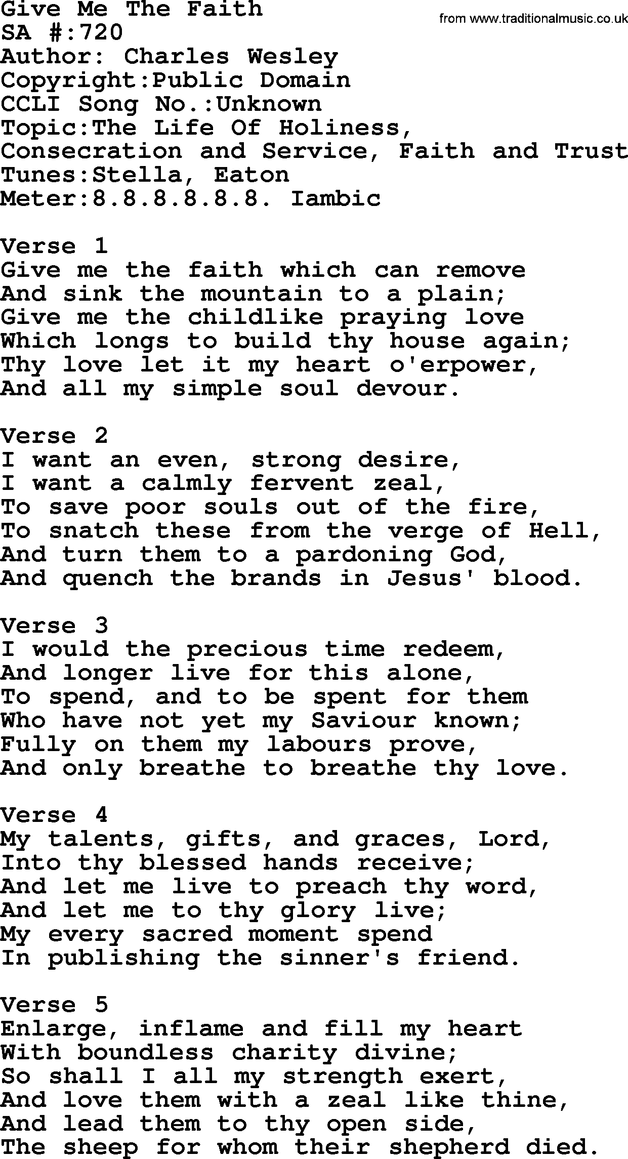 Salvation Army Hymnal, title: Give Me The Faith, with lyrics and PDF,