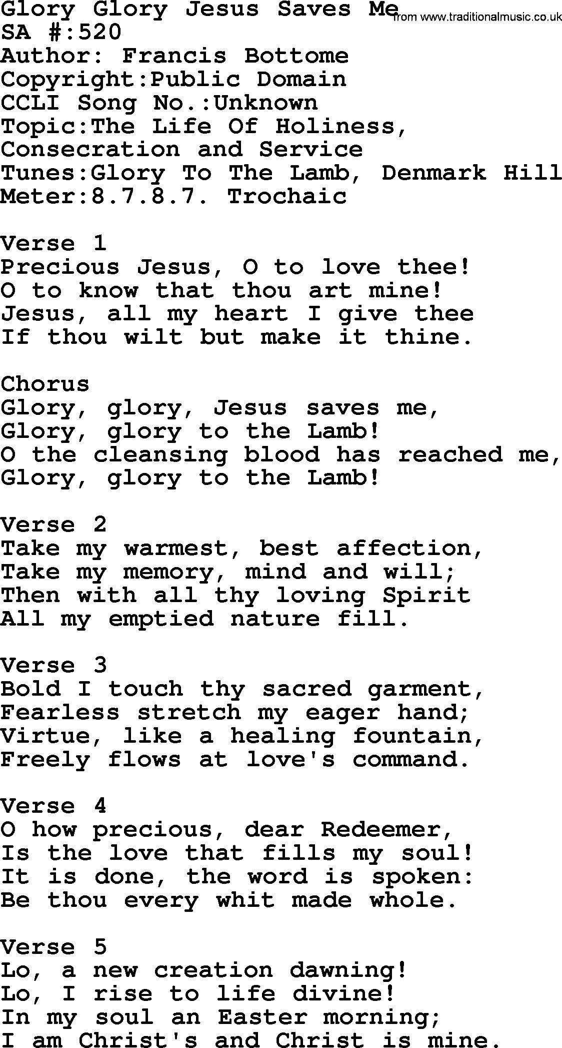 Salvation Army Hymnal, title: Glory Glory Jesus Saves Me, with lyrics and PDF,