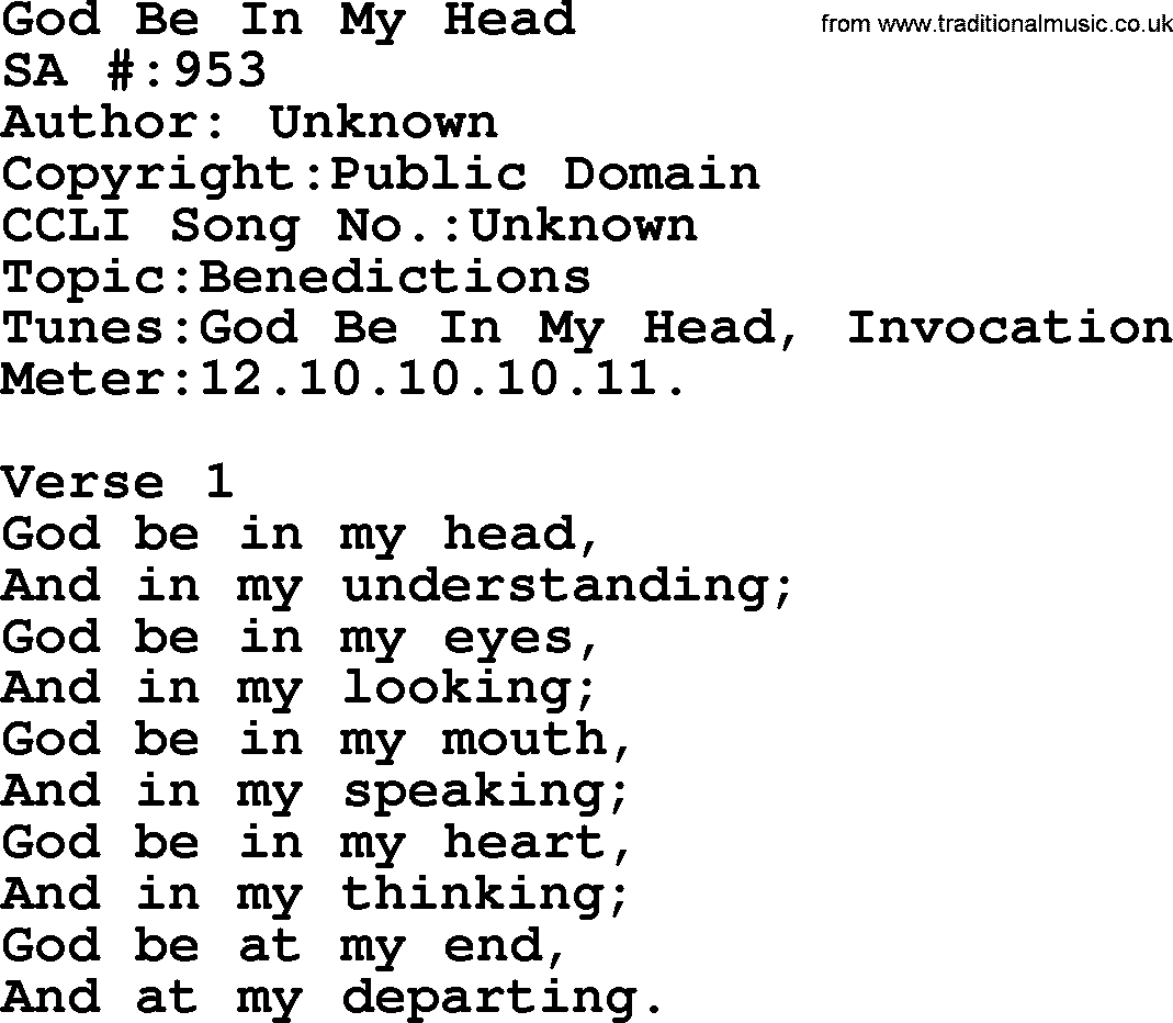 Salvation Army Hymnal, title: God Be In My Head, with lyrics and PDF,