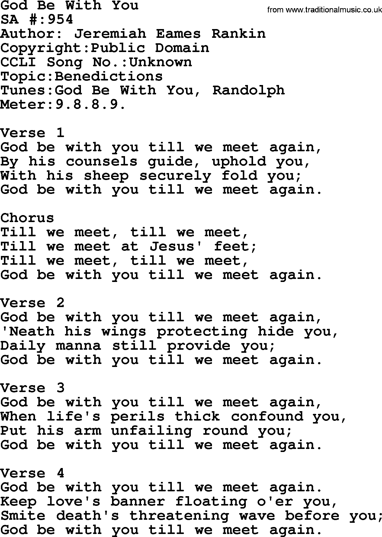Salvation Army Hymnal, title: God Be With You, with lyrics and PDF,