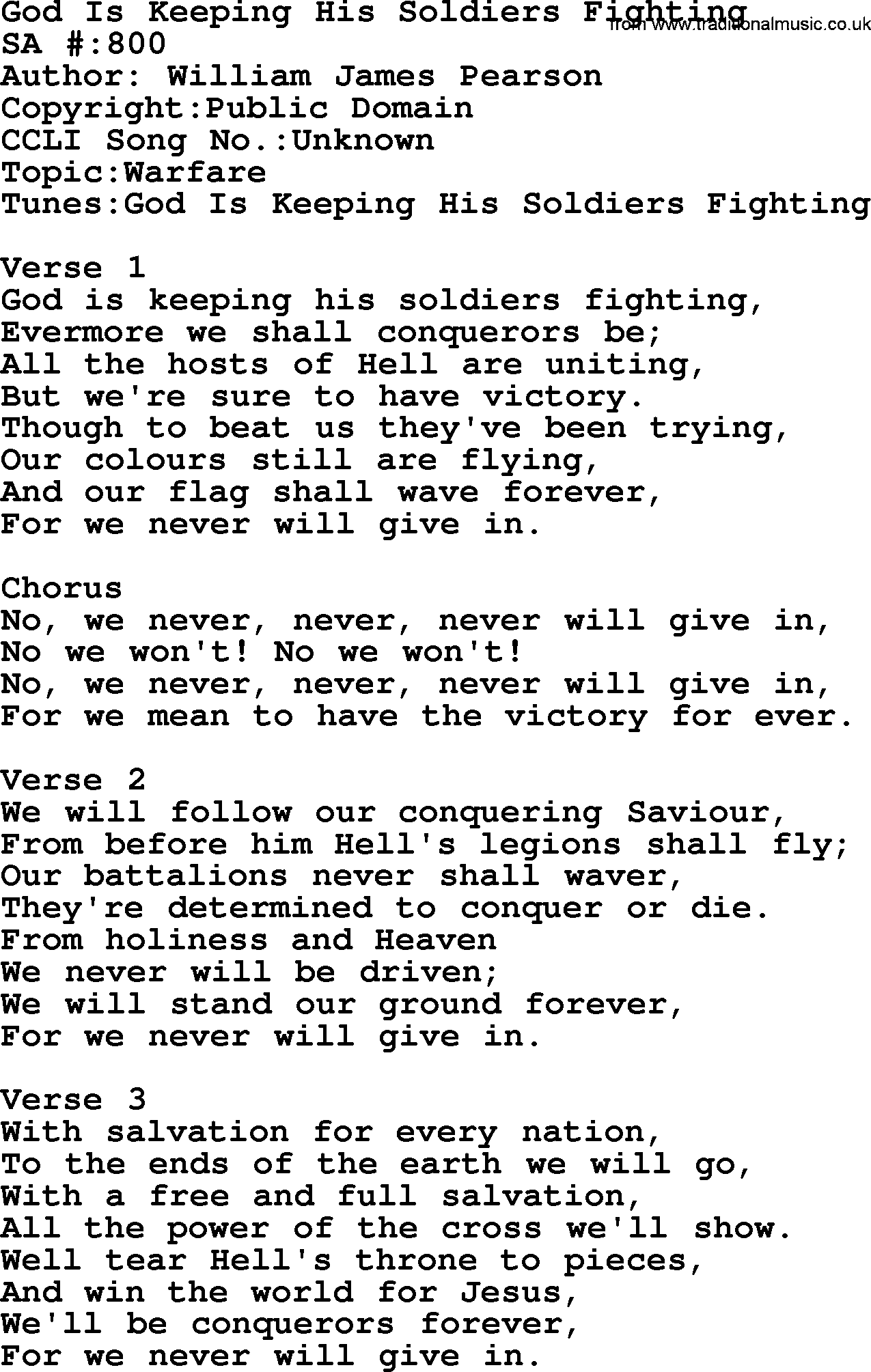 Salvation Army Hymnal, title: God Is Keeping His Soldiers Fighting, with lyrics and PDF,
