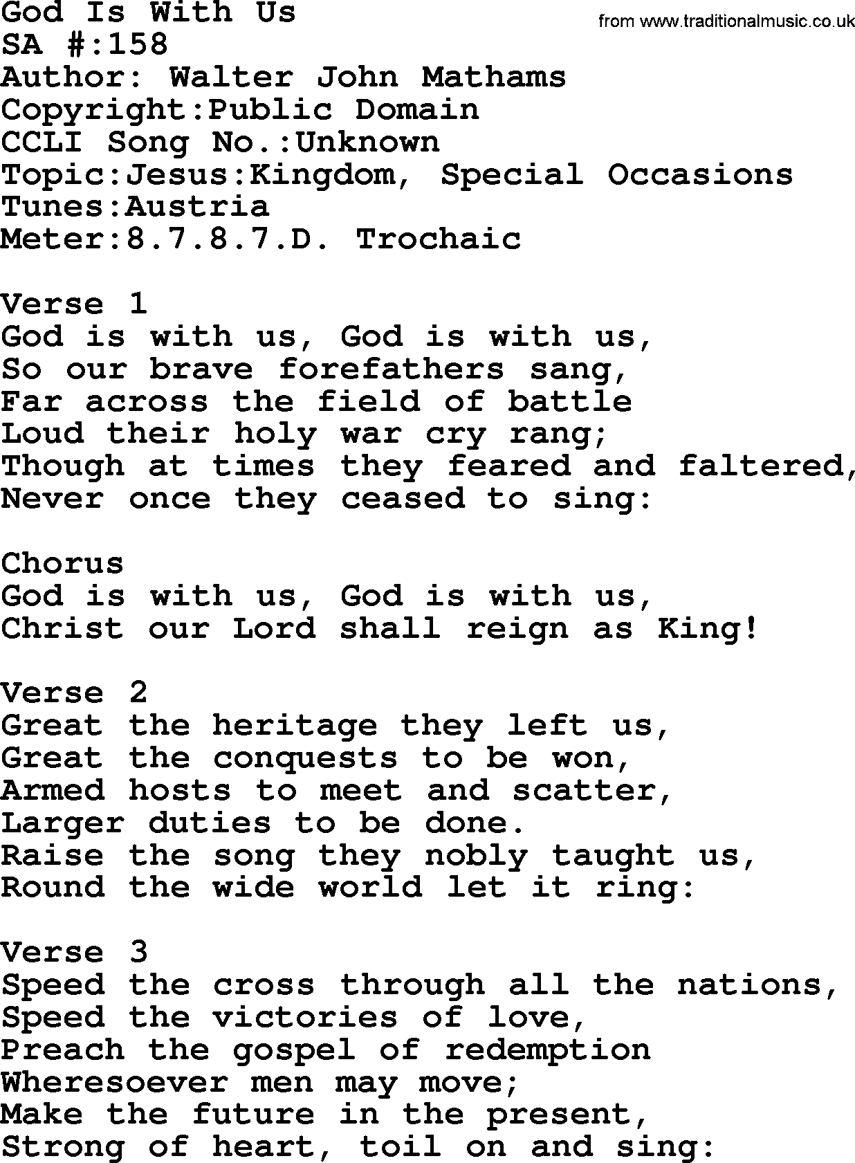 Salvation Army Hymnal, title: God Is With Us, with lyrics and PDF,
