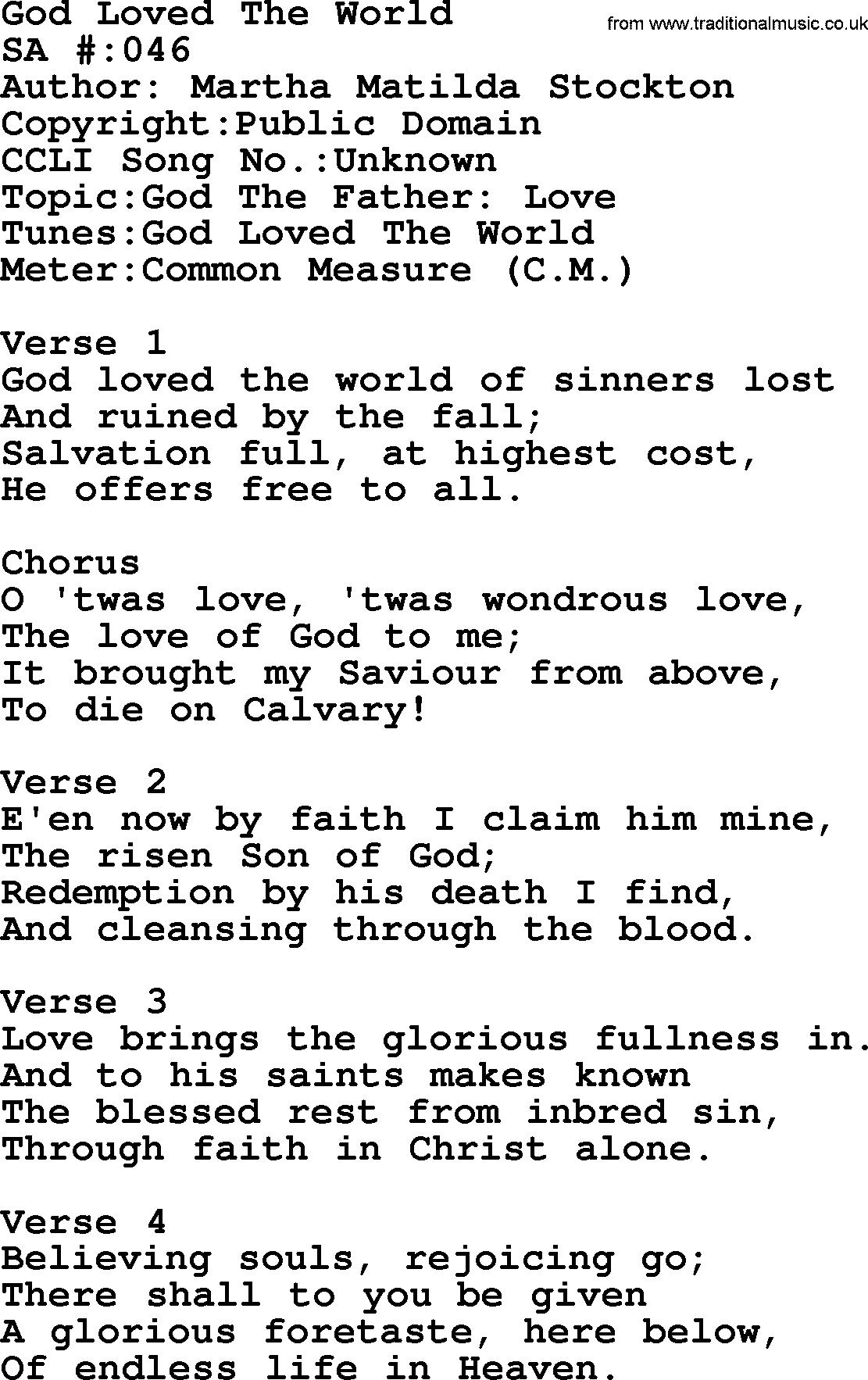 Salvation Army Hymnal, title: God Loved The World, with lyrics and PDF,