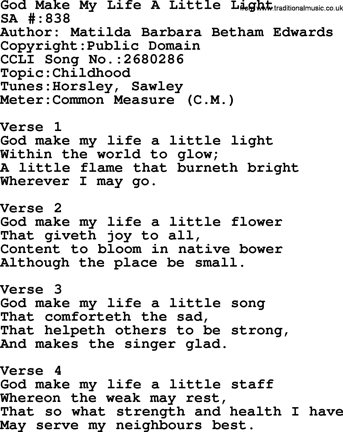 Salvation Army Hymnal, title: God Make My Life A Little Light, with lyrics and PDF,
